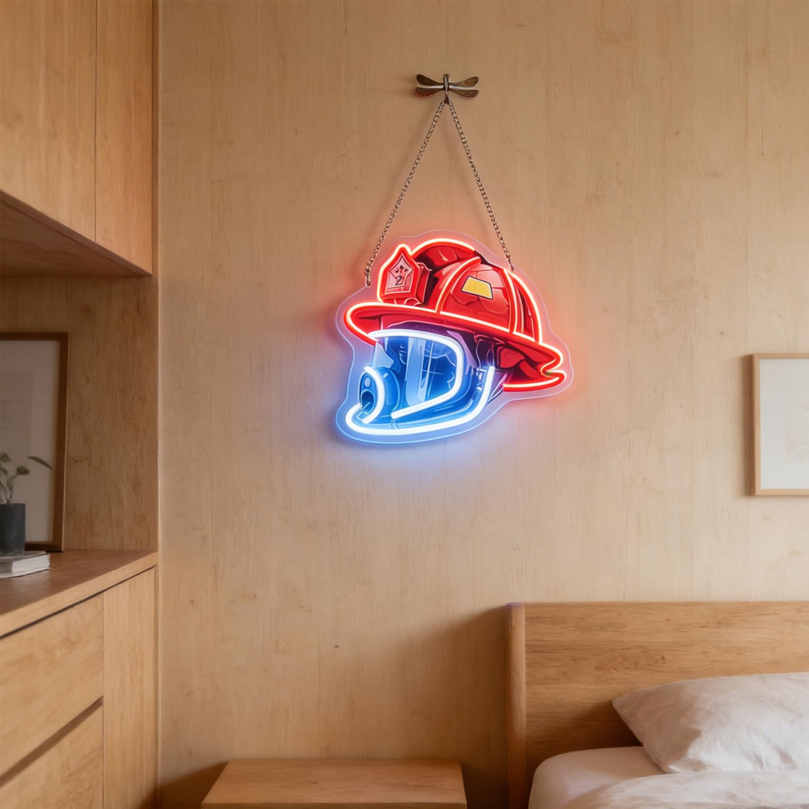 KICHOUSE Neonowa lampa LED z hełmem strażaka - dekoracja ścienna z podświetlanym hełmem strażaka - ściemnialna lampka nocna do baru, garażu, sypialni i remizy strażackiej