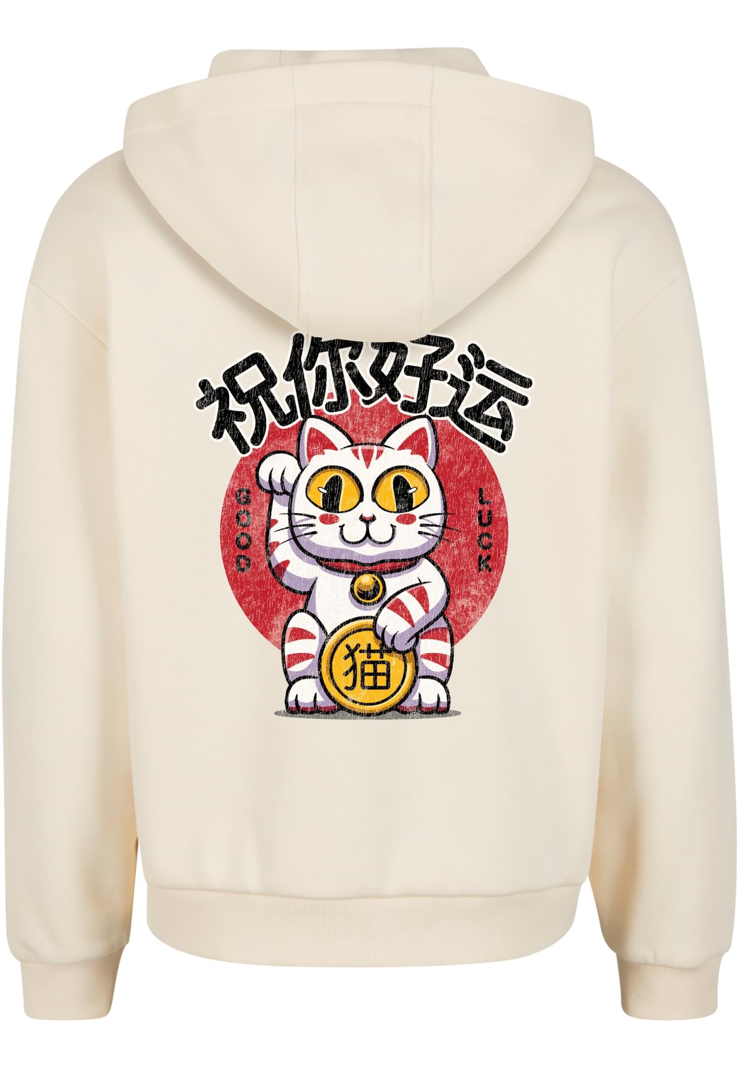 Mister Tee Męska bluza z kapturem Good Luck Cat Fluffy Zip Hoody – Regular Fit bluza z kapturem z nadrukiem kota na szczęście i miękkim polarowym wnętrzem, biały piasek, XL