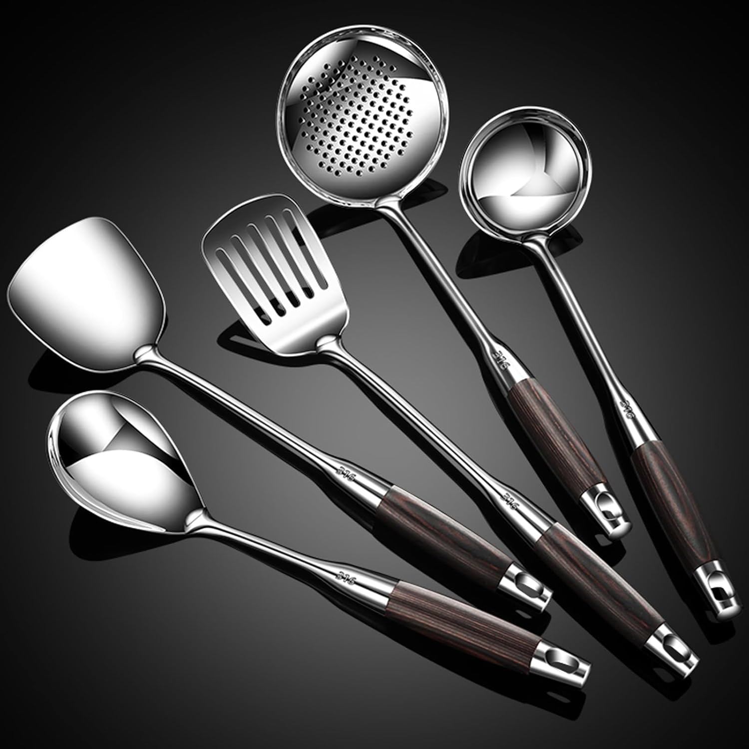 Kitchen Utensil Set of 5, 316 Stainless Steel Anti-scalding Wooden Handle Kitchen Tools Set, Suitable for Kitchen Cooking Restaurant