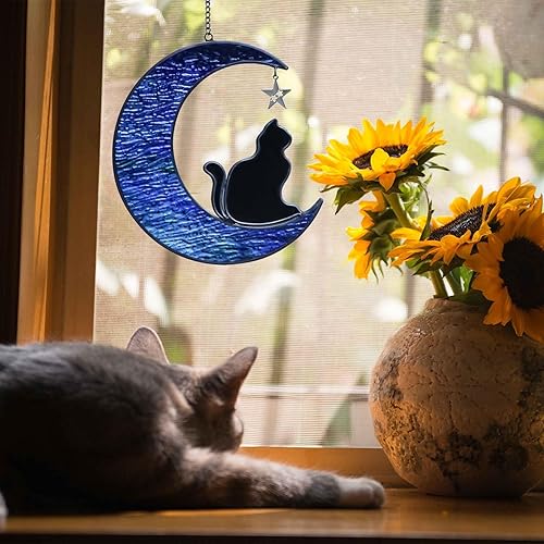 Miniatura 3 de Regalos conmemorativos para gatos por pérdida de gato, gato en luna, vitrales colgantes para ventanas, atrapasoles, regalos conmemorativos hechos a