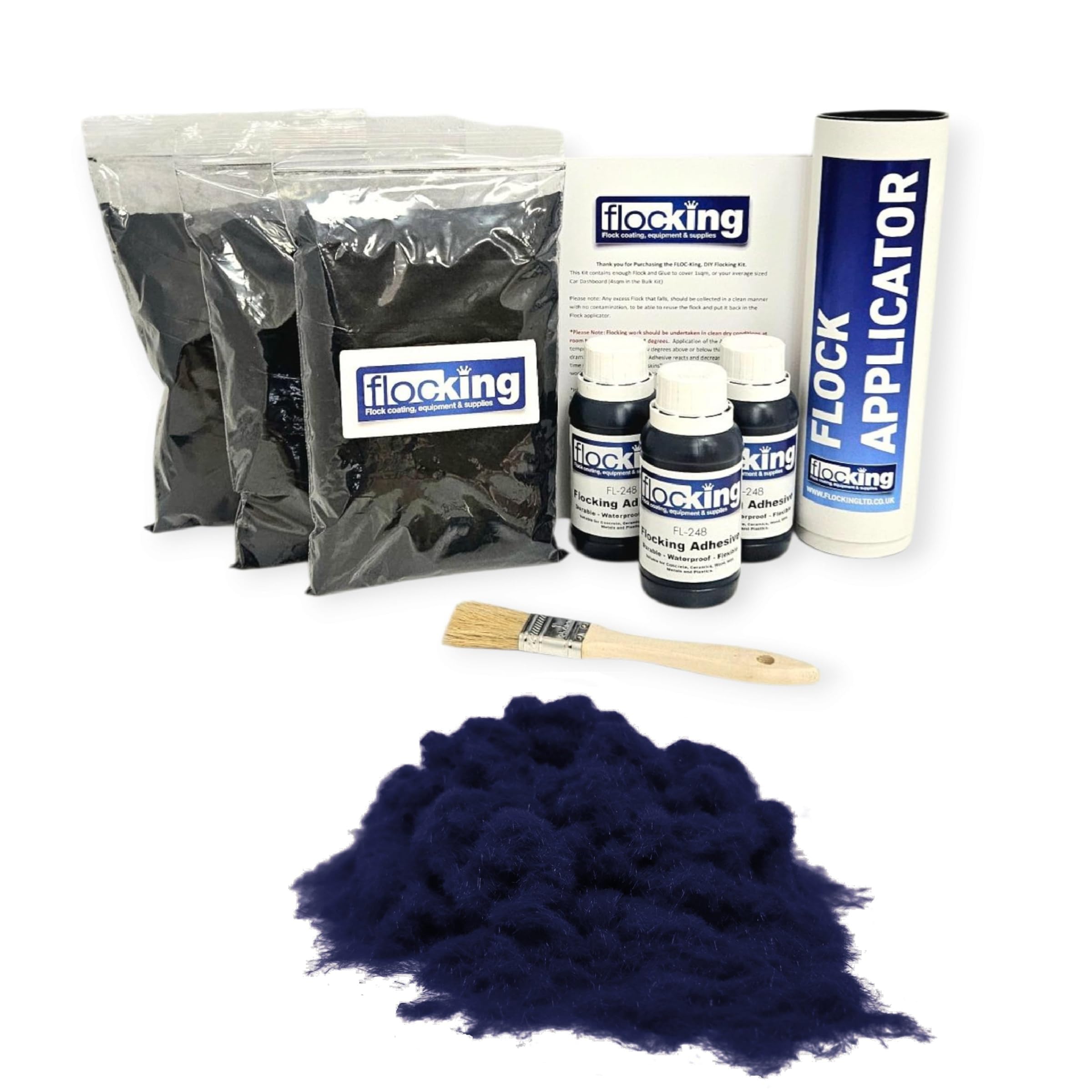 FLOC-KING Triple Flocking Kit for Car Dashboards & Interiors - Professional DIY Flock Application Set - Includes 3sqm Nylon Fibres, Adhesive & Applicator (Dark Navy Blue)