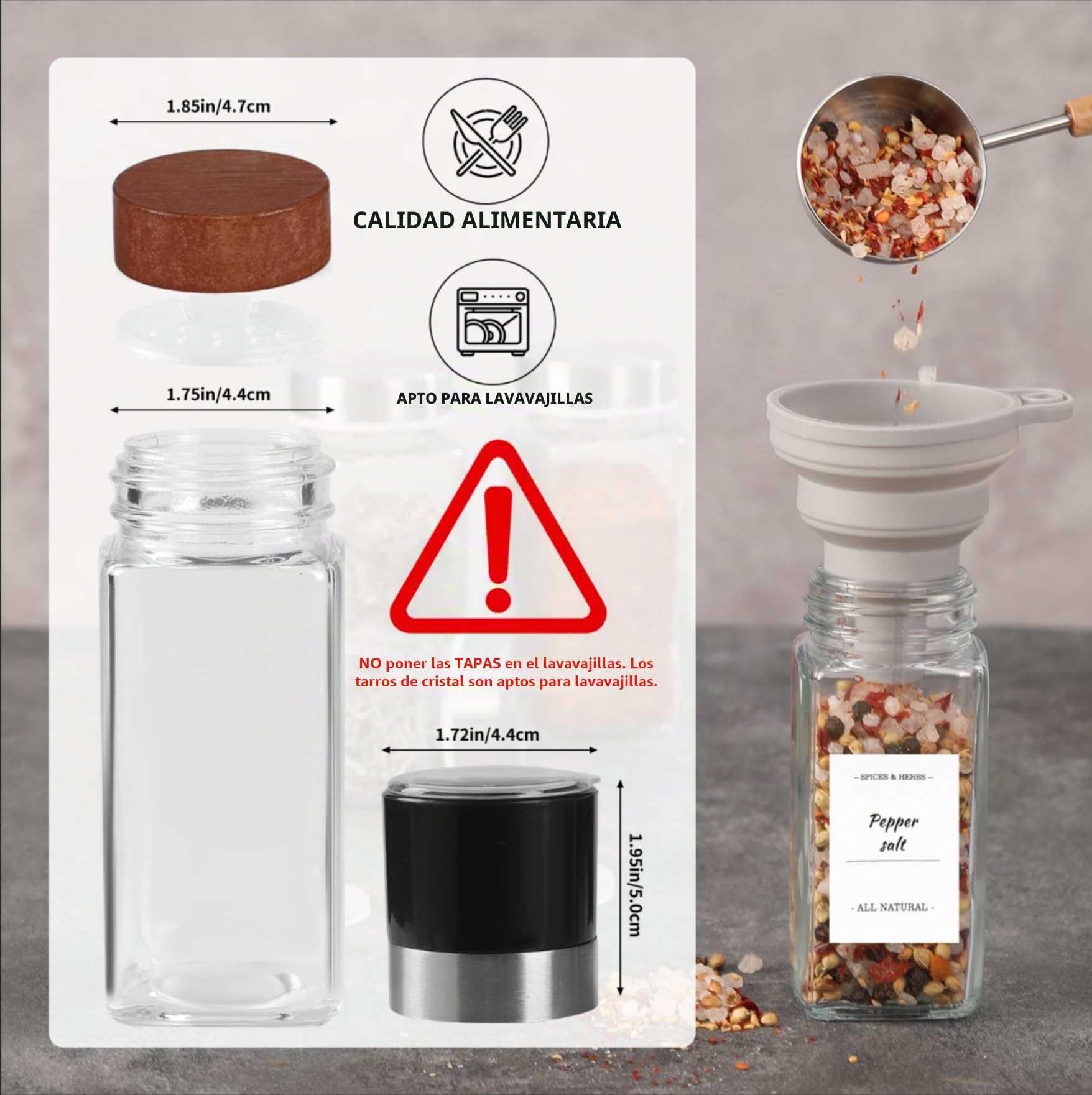 FRIBERG Juego de 20 tarros de especias cristal, con tapa de madera, 120 ml, con 2 molinillos de especias para guardar especias, botes de especias, con etiquetas para especias