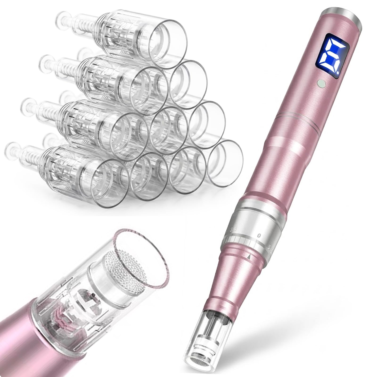 Nano-Kristall Microneedling Pen Elektrisch Wiederaufladbar | mit LCD-Display & 6 Stufen Einstellbare Nadellänge 0-2,5 mm inkl 10 Nadelköpfe für die Hautpflege zu Hause