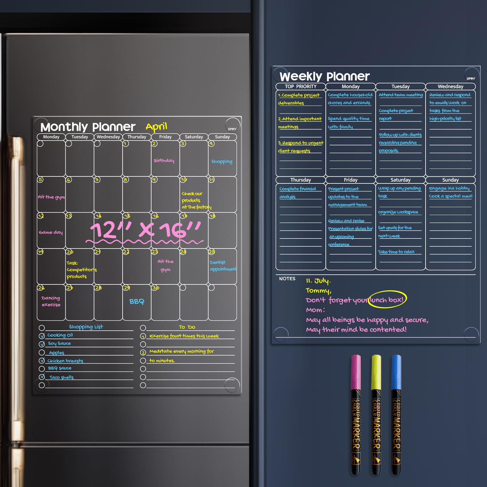 JJPRO Non-Magnetic Dry Erase Calendar for Fridge, Clear Monthly Calendar, Weekly Meal Board Bundle -Starts Monday,12"x16" Clear Reusable Calendar Stick to Fridge,Wall, All Smooth Surfaces