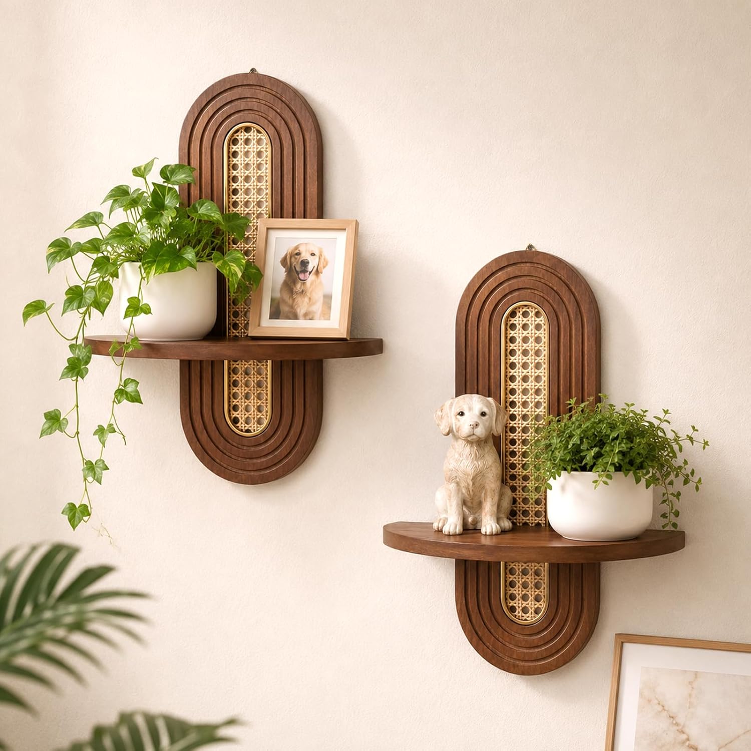2Pcs Boho Floating Shelves for Wall, Rattan Plant Shelf, Wall Mounted Decorative Shelves for Living Room, Bedroom, Bathroom, Nursery, Office