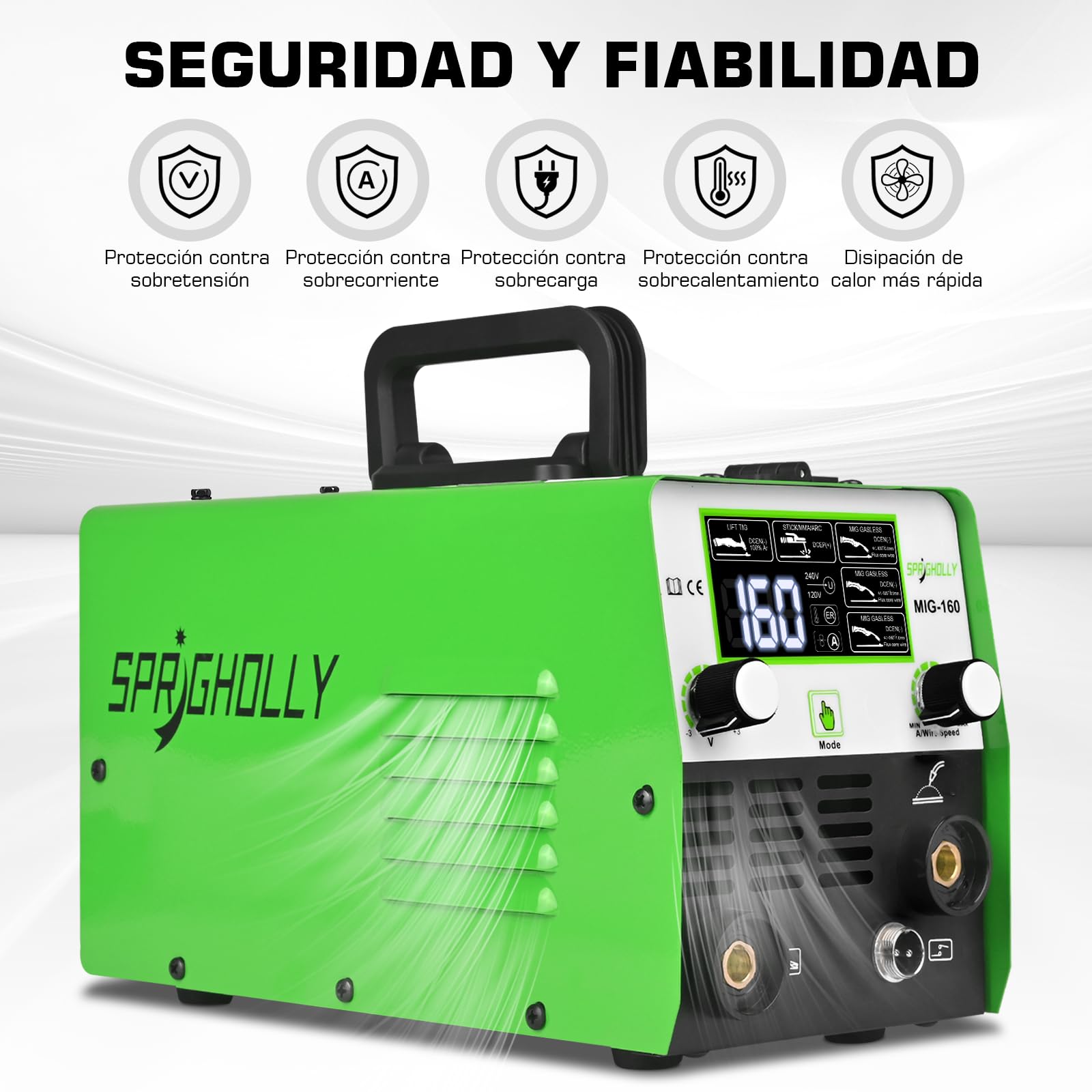 MIG160 Actualizado Soldador Inversor IGBT 160A 230V/240V, 3 en 1 MIG Sin Gas (Flux MIG) / MMA/Lift TIG Con Gran Pantalla LED, Fácil de Usar, Ideal Para Principiantes