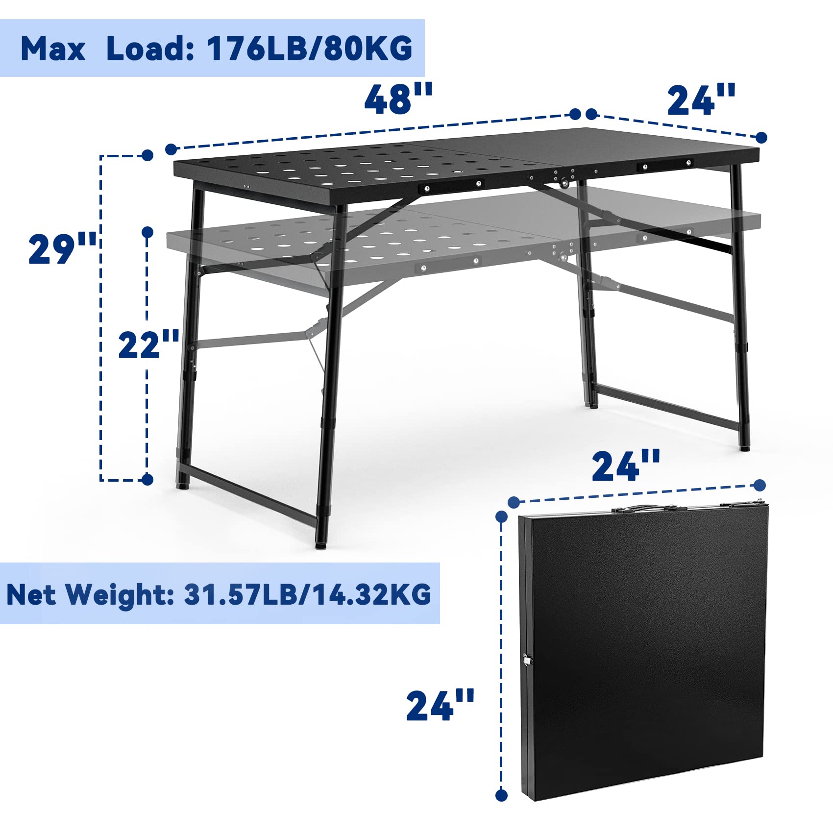 Skyflame Tavolo da campeggio pieghevole con gambe regolabili in altezza, tavolo portatile in metallo nero con manico per barbecue, grigliate, campeggio, camper, picnic, cortili, tailgating