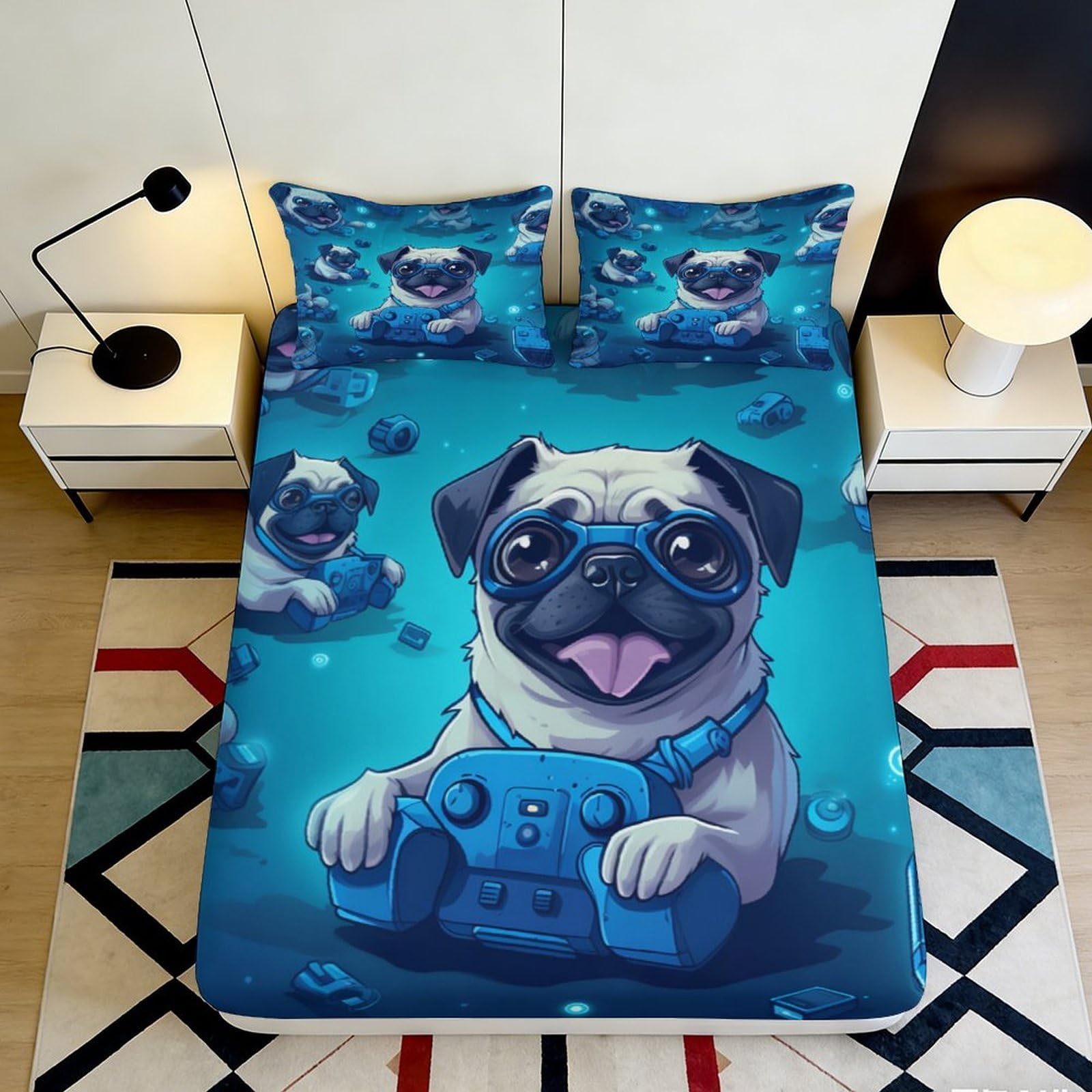 3D Printed Pug Dog Blue Fitted Sheet Microfiber Soft Breathable Cartoon Puppy Bed Cover for Bedroom Dormitory Guest Room Mattress Protection Decor 120x200x25cm