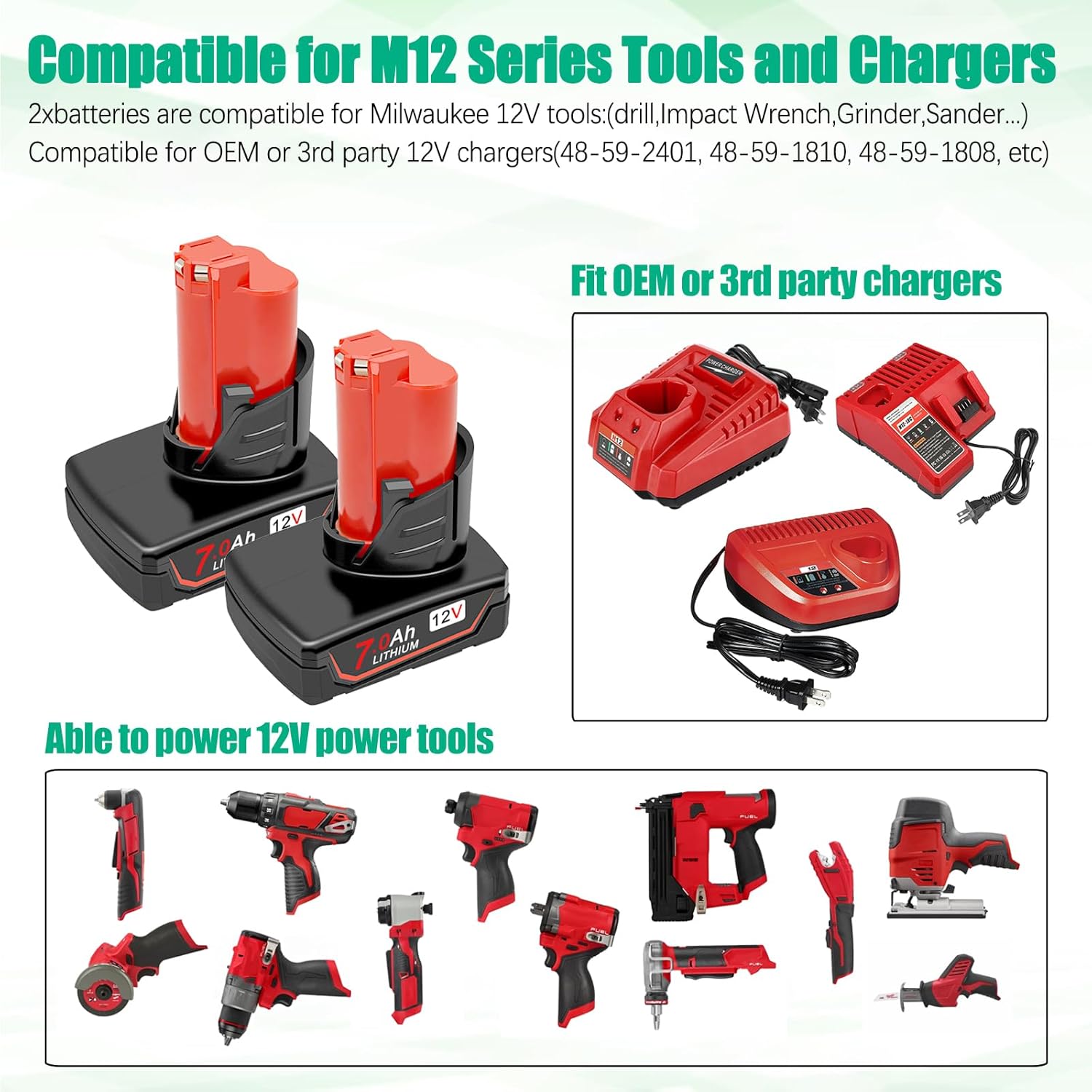 Upgraded 7000mAh 12V Battery Compatible for 12V Battery for 12V Power Tool Battery 48-11-2401 48-11-2412 48-11-2411 48-11-2420 48-11-2410