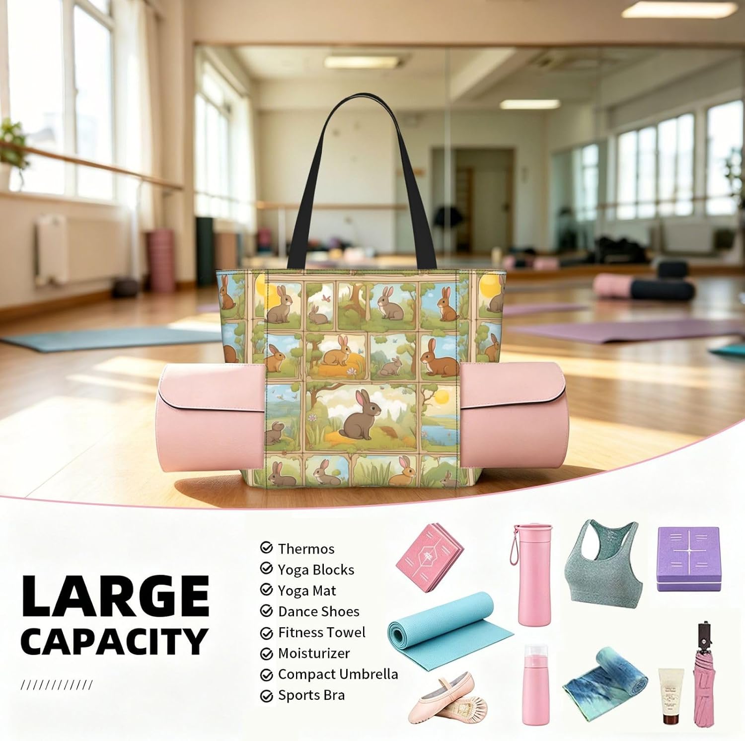 Women'S Cartoon Cute Animals Rabbit Print Yoga Bag, Shoulder Gym Bag With Yoga Mat Pocket For Travel Beach Workout image 4