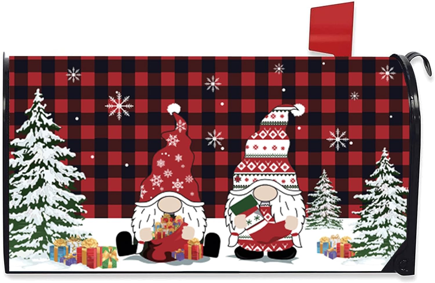 Christmas Magnetic Mailbox Cover, Winter Xmas Red Buffalo Plaid Standard Mailbox Cover, Holiday Decorations Christmas and New Year Yard Decoration,21" Lx 18" W (Christmas Santa Buffalo Plaid)