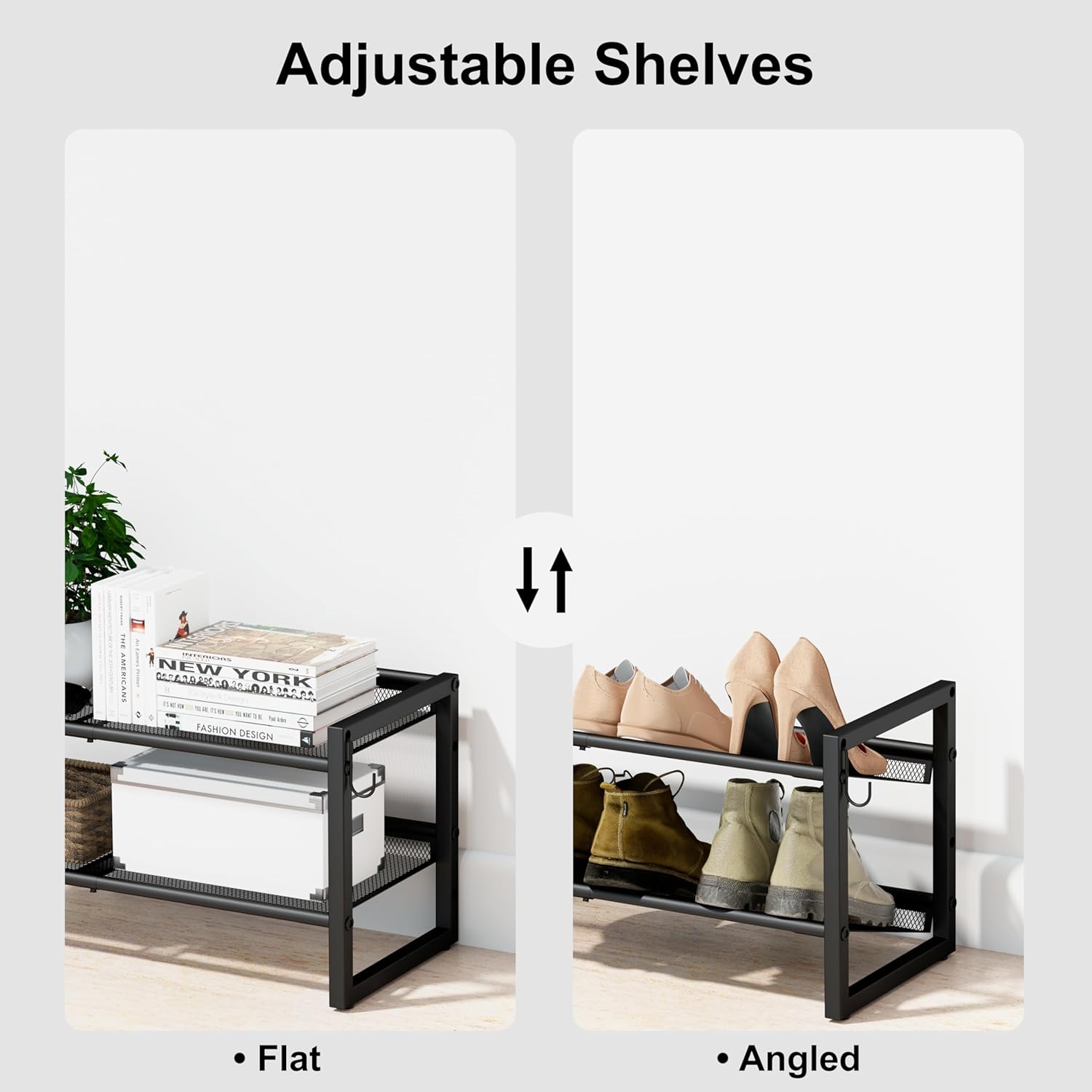 Expandable Shoe Rack, Heavy-Duty Metal Adjustable Shoe Organizer with Tilt & Flat Shelves, Freestanding Shoe Storage Shelf with Wall-Protective Baffle for Entryway Closet Garage (Black 2-Tier)