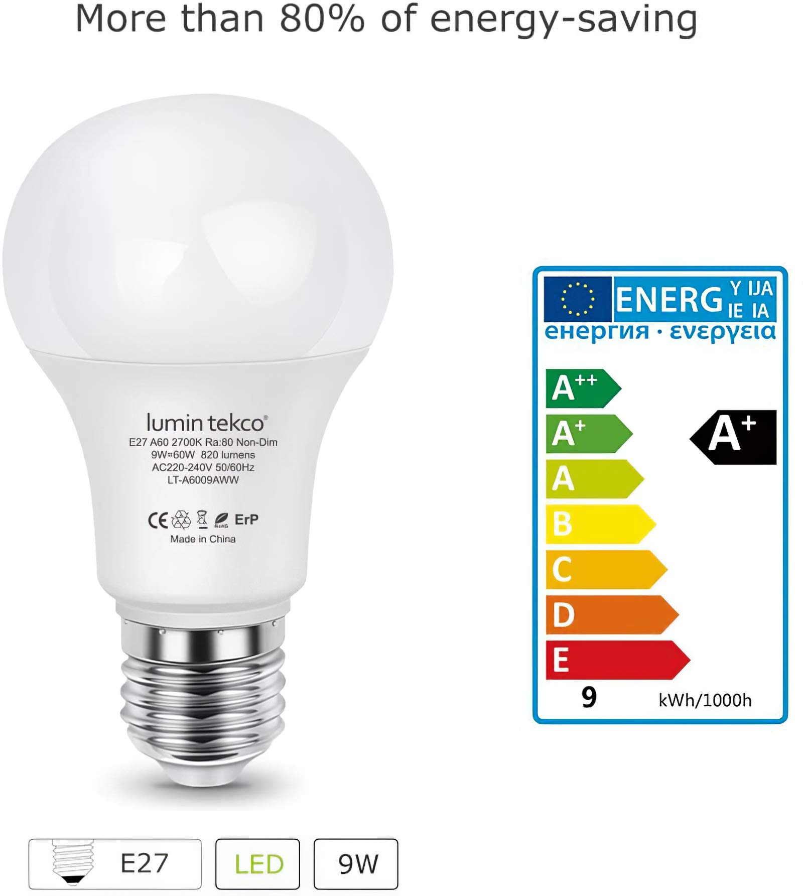 6 Serie E27 A60 Lampada LED Lumin Tekco, sostituisce lampadina 60W, non dimmerabile, lampadina LED 9W 820lm bianco caldo 2700K