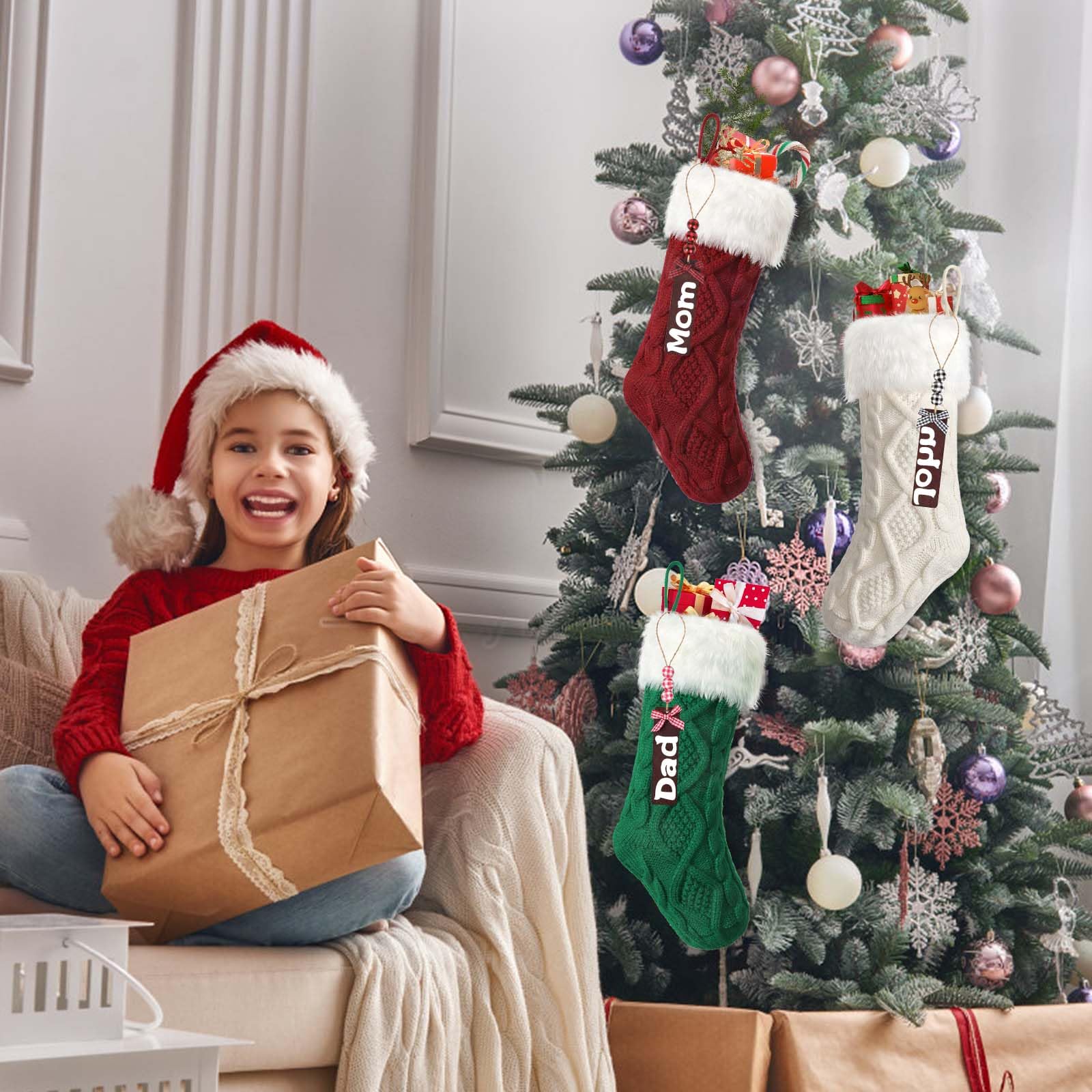 3 pezzi Calze natalizie lavorate a maglia in lana con targhette con nome, calze di Natale decorative, calze di Natale per feste di Natale, decorazioni natalizie e regali per bambini
