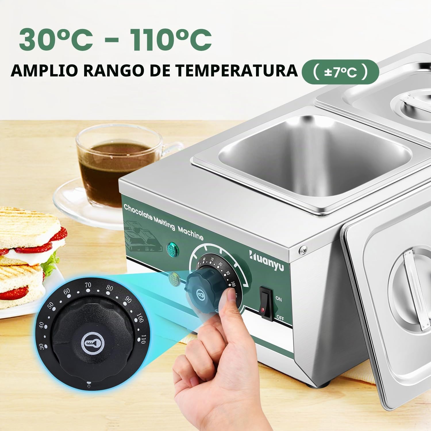 Huanyu Temperadora de chocolate con 2 ollas 30℃-110℃ Máquina derretidora de chocolate Fundidor de chocolate comercial de 800W Calentador de agua para fundir chocolate