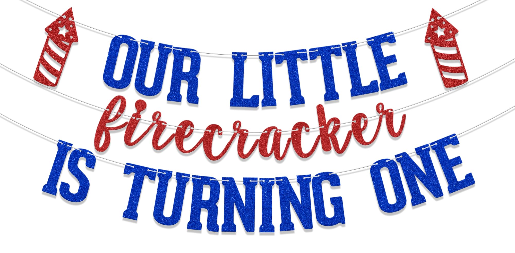 KEWUFD Our Little Firecracker is Turning One Banner, Baby Shower & Birthday Party Decorations, Red & Blue Glitter, 3 Inches by 5 Inches