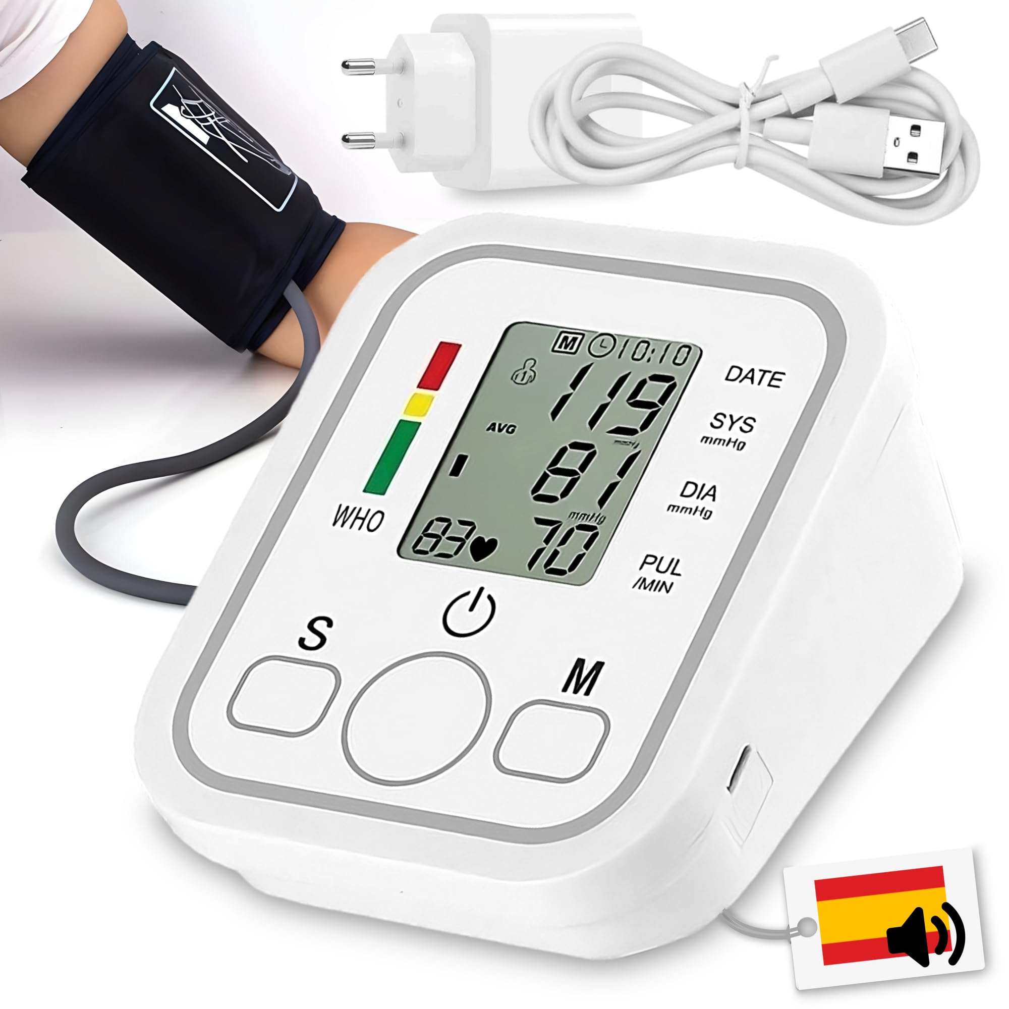 Maxter Tensiometro de Brazo Digital con VOZ en ESPAÑOL ON/OFF Enchufe y Cable USB (Sin Batería) Medidor Tension Arterial y Frecuencia Cardíaca - Monitor de Presión Arterial con Manguito y Memoria 2x99