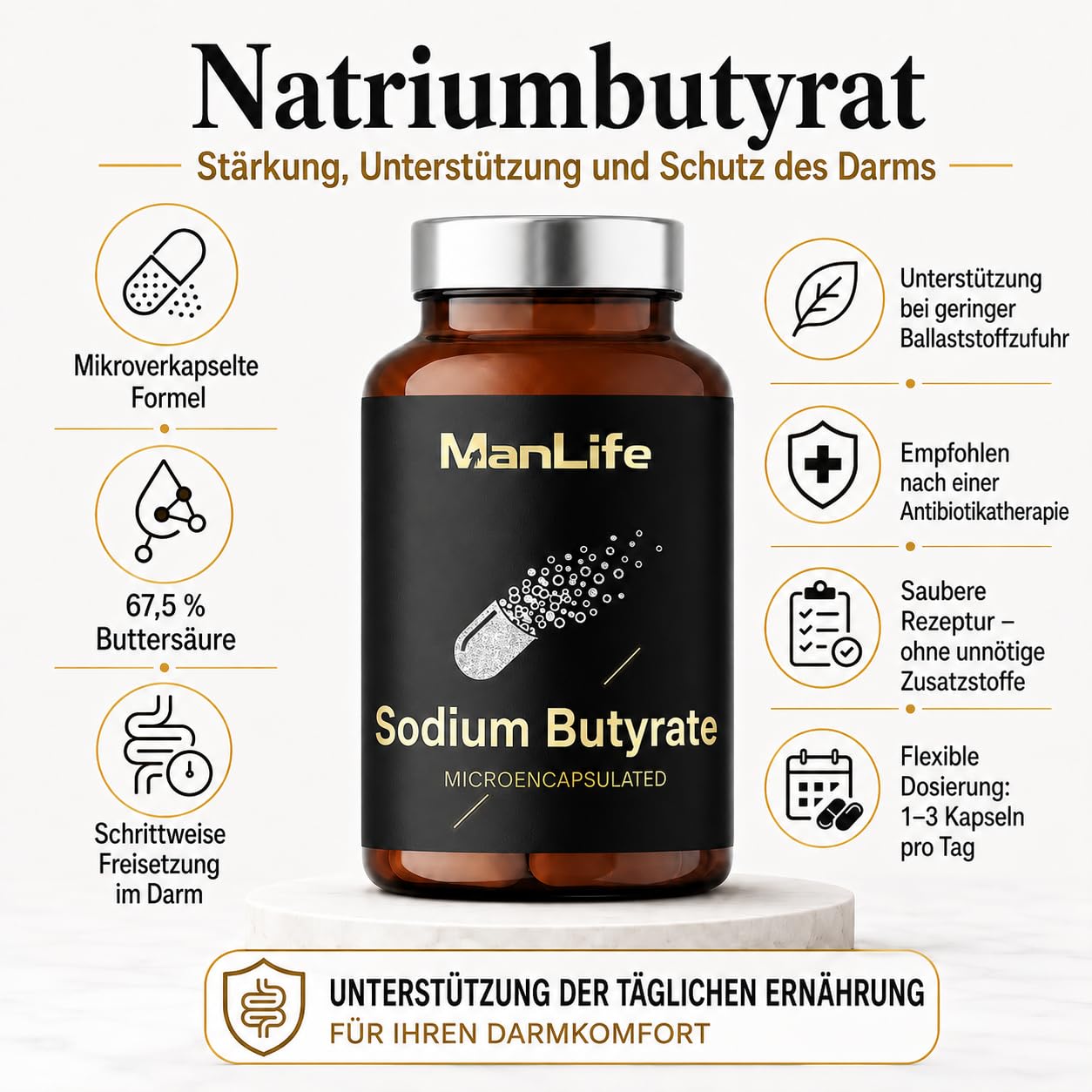 Natriumbutyrat 1500 mg mikroverkapselt, Buttersäure für Darmflora & unterstützt das Mikrobiom | 90 vegane Kapseln Sodium Butyrate