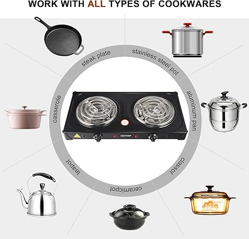 Miniatura 4 de Quemador eléctrico de doble quemador de 2000 vatios, control de temperatura de placa caliente eléctrica, luces indicadoras de potencia, fáciles de