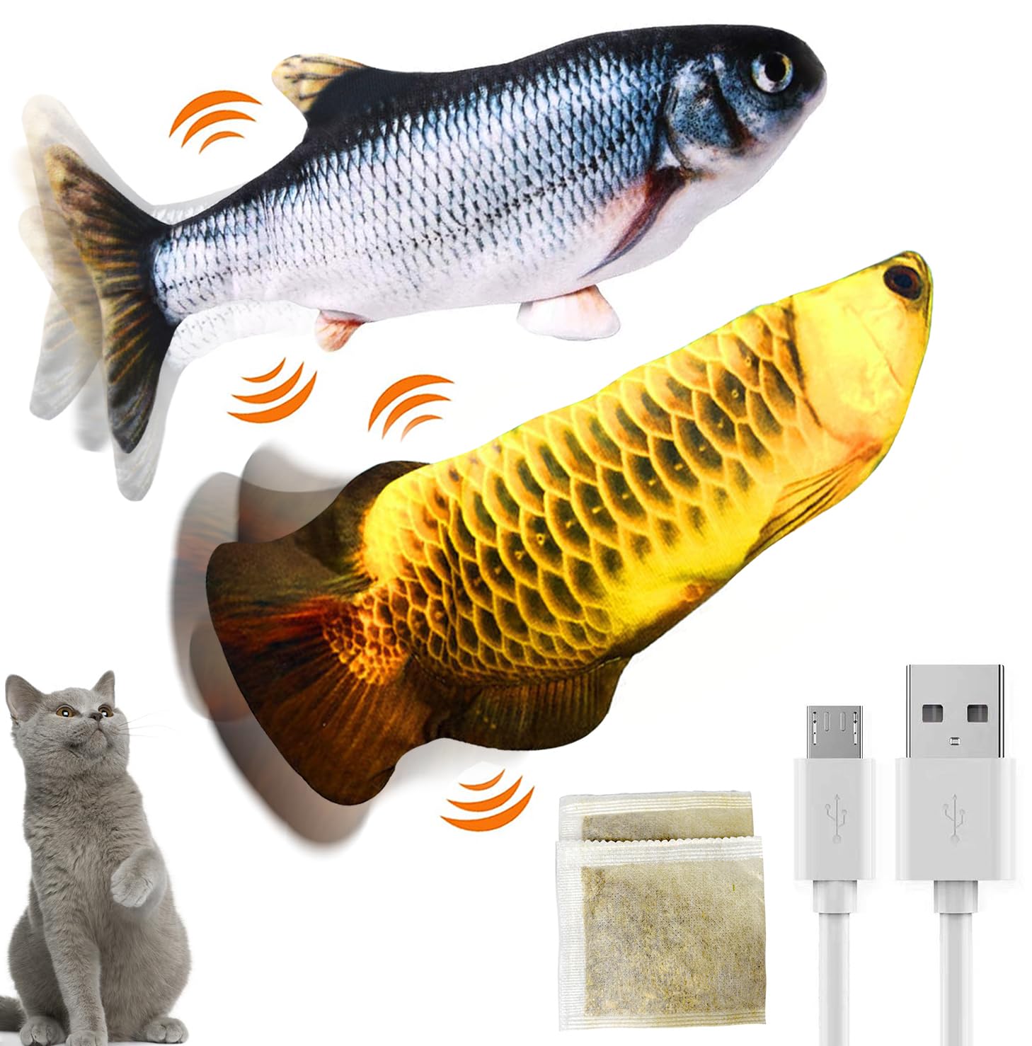 2 Pack Electric Moving Fish Cat Toy, Zippered Style Wiggle Fish Catnip Toys USB Rechargeable Plush Interactive Realistic Flopping Fish for Cat Playing, Biting and Chewing