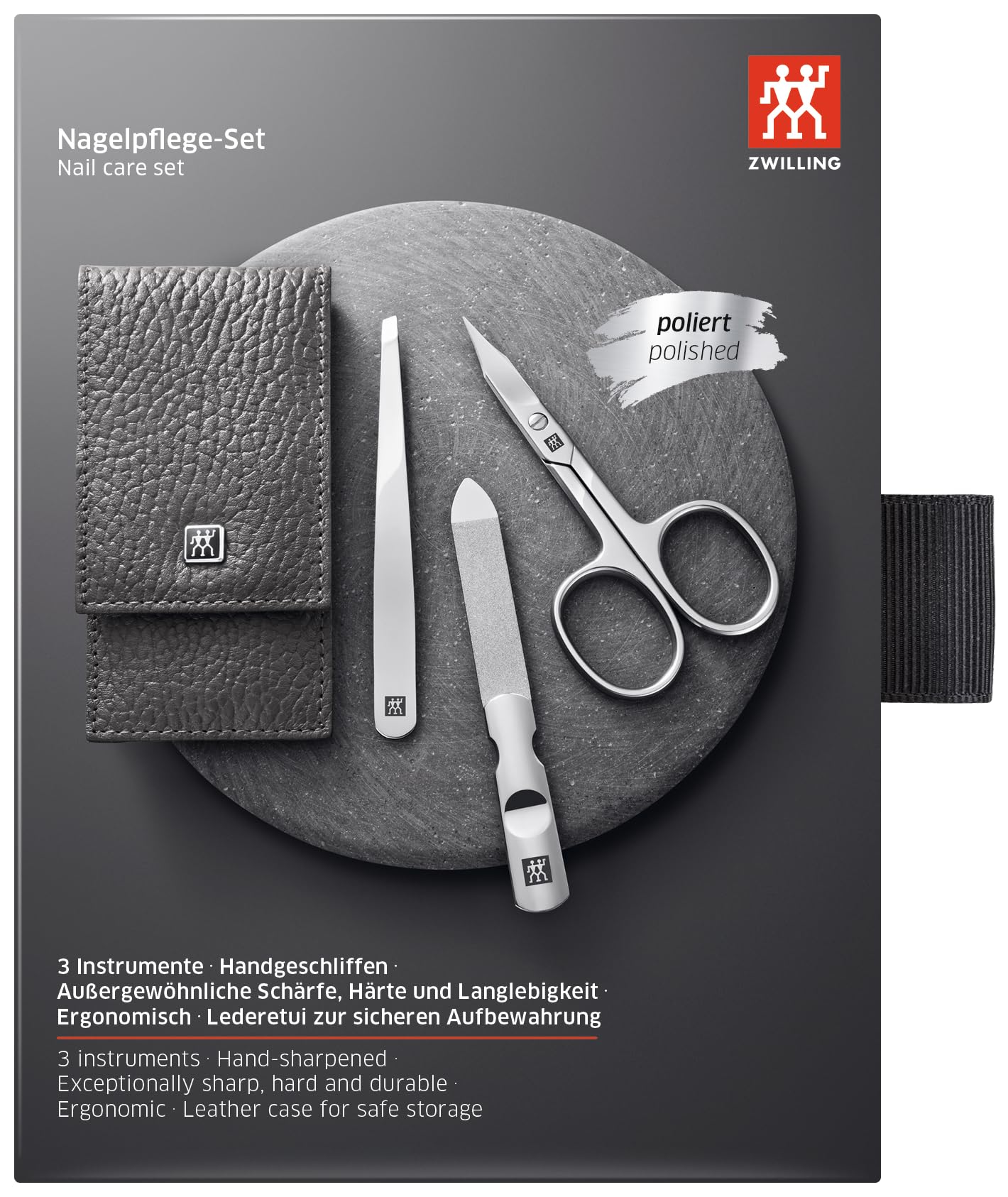ZWILLING Zestaw do manicure (3 części, zestaw do pedicure do pielęgnacji paznokci i skórek, skóra, z nożyczkami do paznokci), polerowana stal nierdzewna, antracytowy