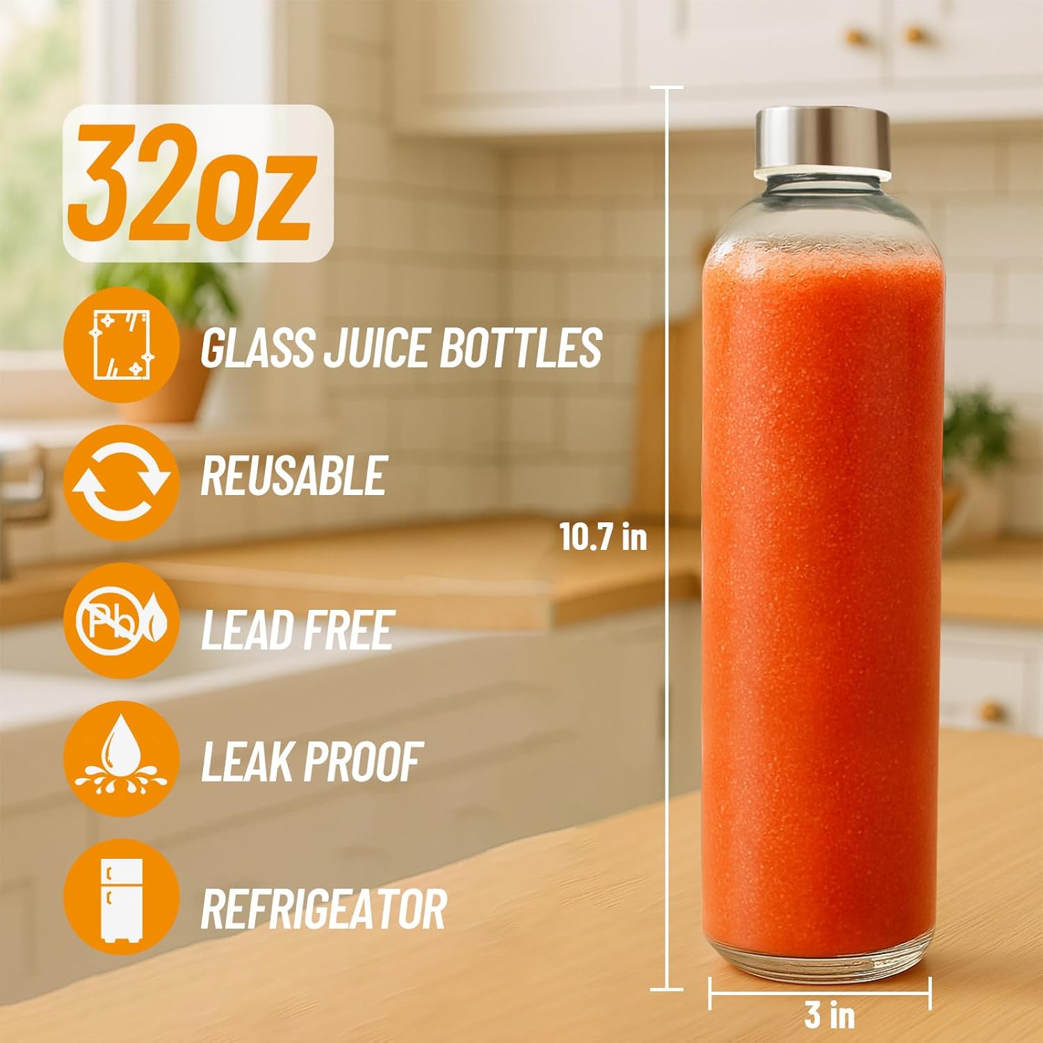 32 oz Clear Glass Water Bottles with Lids, Reusable Glass Juice Bottles with Stainless Steel Cap for Juicing, Refrigerator, 100% Leak Proof, BPA Free, Gift Set of 3 - Image 2