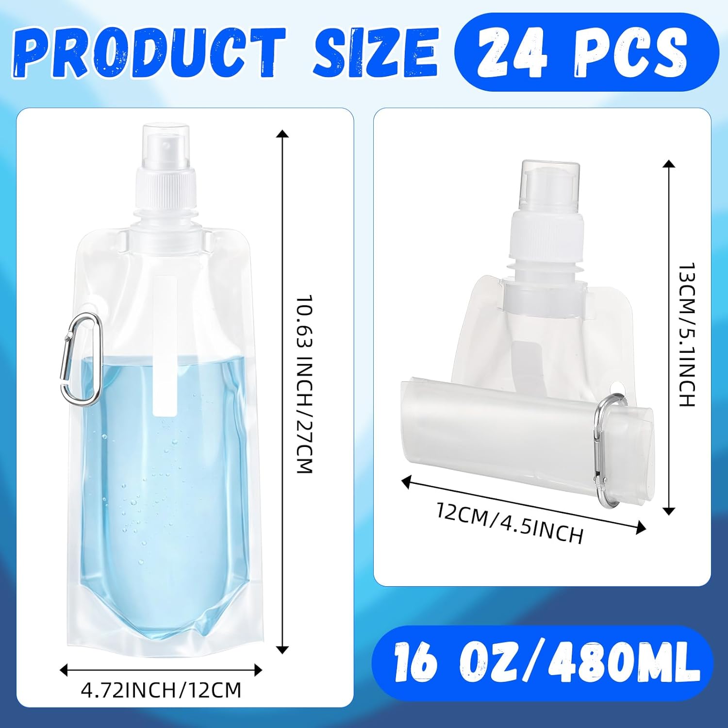 Teenyyou 24 Pack Collapsible Water Bottles Bulk 16oz Foldable Water Bottles with Carabiner Reusable Drinking Leak Proof Container Bags for Sport Biking Hiking Camping Travel Outdoor (Transparent)
