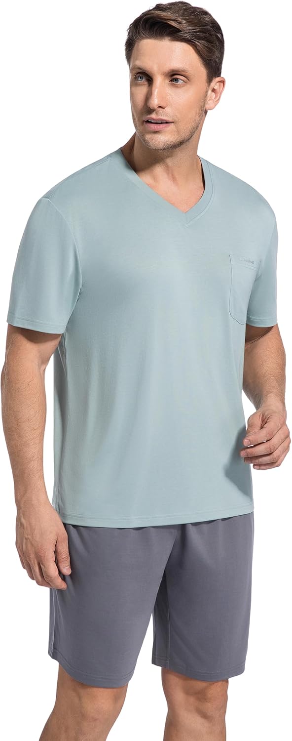SlumberMee Mens Pajama Set Soft Cooling Viscose Summer Pjs Short Sleeve Sleepwear 2 Piece Crew Neck Loungewear with Pockets - Image 2