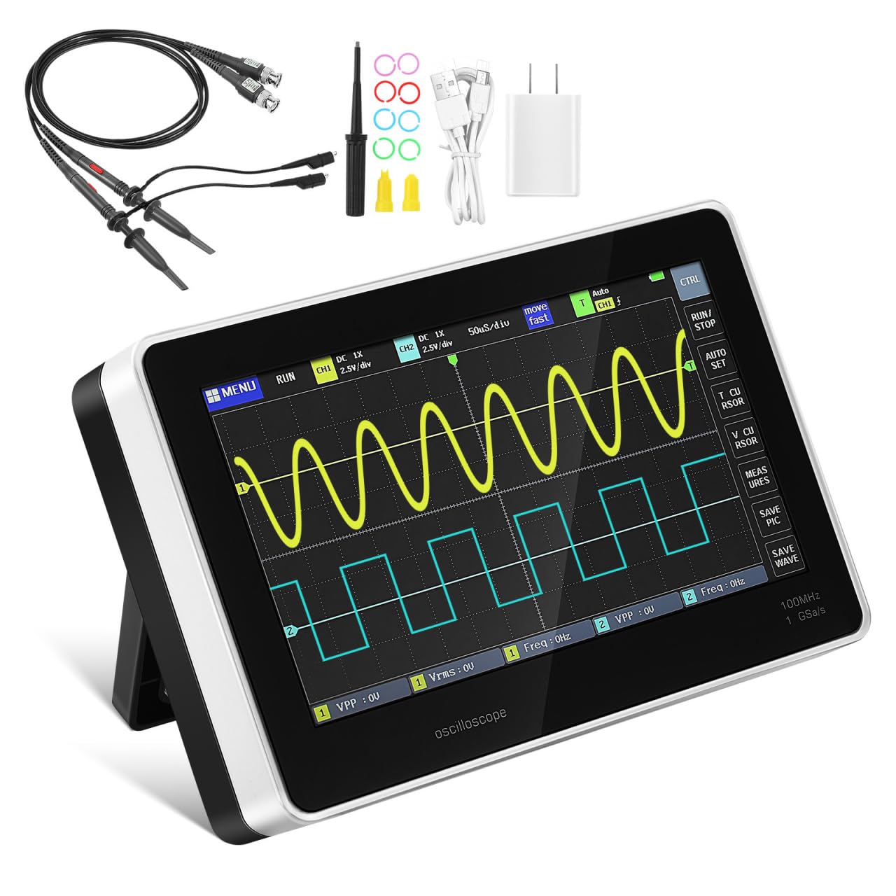 Handheld Digital Oszilloskop 2 Kanal: T4-1013De Digitales Oszilloskop 100 Mhz Bandbreite 1Gsa Abtastrate 7 Großer Touchscreen 1 Gb Speicher