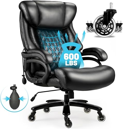 Silla de oficina grande y alta de 600 libras, sillas de oficina ejecutivas con soporte lumbar ajustable, silla de escritorio ancha con rueda de goma