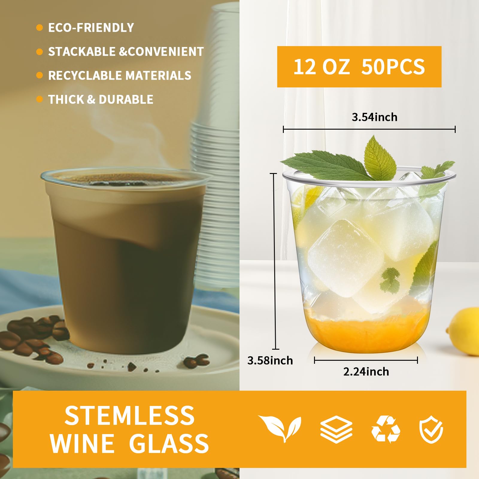 Disposable Stemless Glasses 12oz Crystal Plastic Cups Disposable Cold Party Drinking Cups Wine Glasses for Meeting Weddings Birthdays Cocktail Christmas Party Supplies (Clear, 50 Pcs) — Amazon image 2