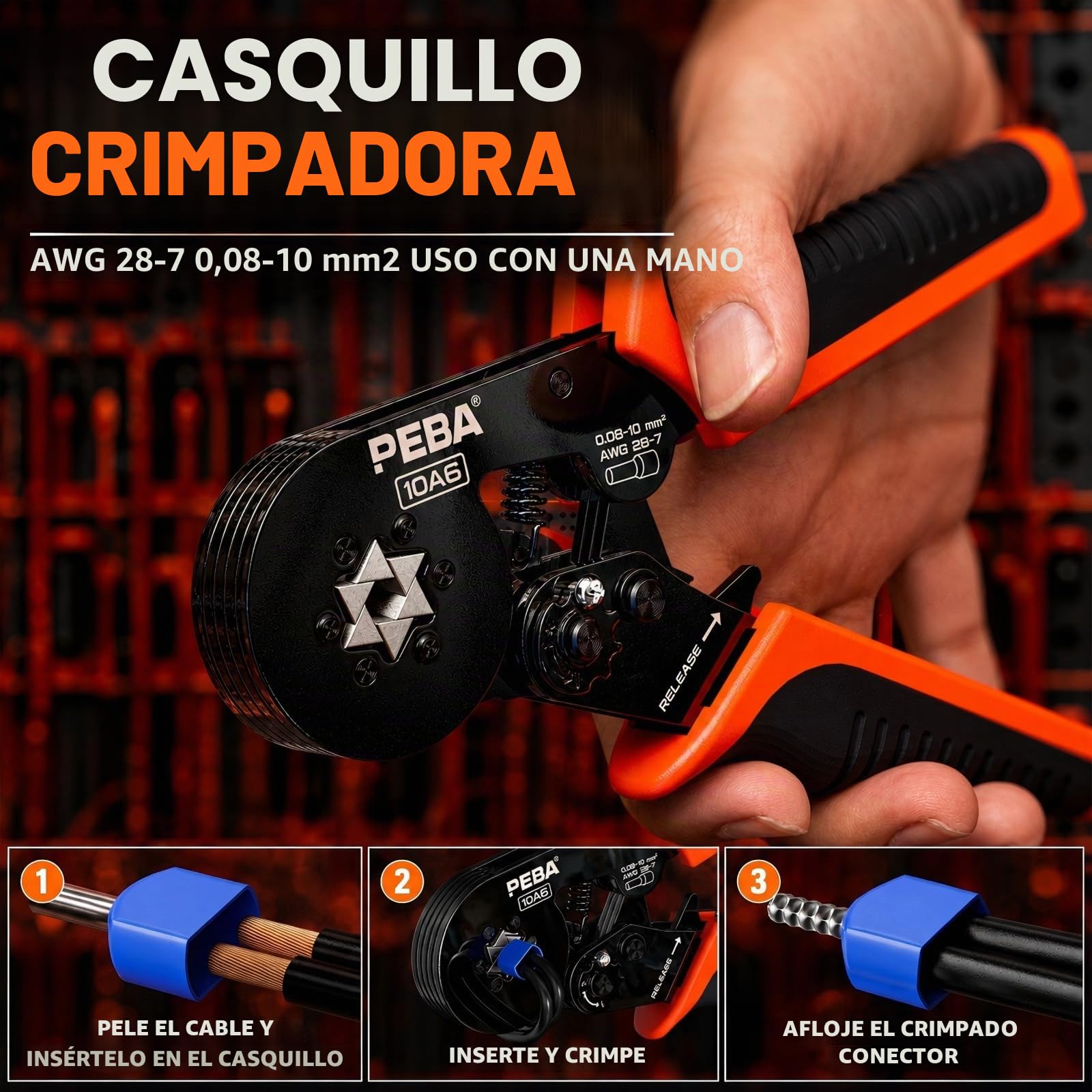 PEBA Crimpadora de Virola, con 33 tipos de Virolas, Alicates de Crimpado Hexagonales Autoajustables 0.08-10.0 mm² y Pelacables | Kit de Herramienta de crimpado de trinquete para casquillos de alambre