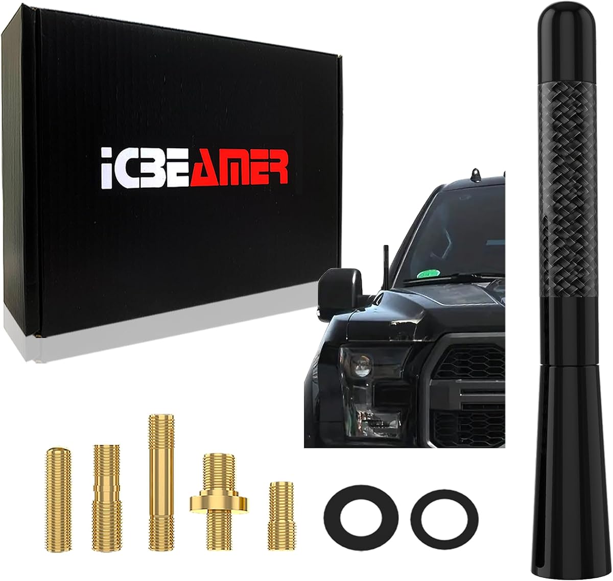 [2024 Upgraded] ICBEAMER 5" Carbon Fiber & Matte Black Short Antenna – Polished Aluminum, Internal Copper Coil – Universal AM/FM Radio Replacement for Cars, Trucks & Vans