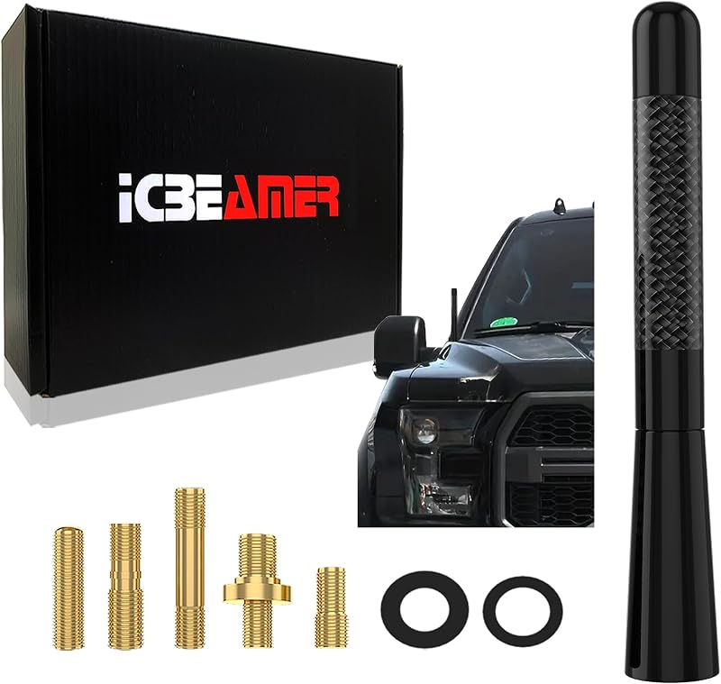 [2024 Upgraded] ICBEAMER 5" Carbon Fiber & Matte Black Short Antenna – Polished Aluminum, Internal Copper Coil – Universal AM/FM Radio Replacement for Cars, Trucks & Vans