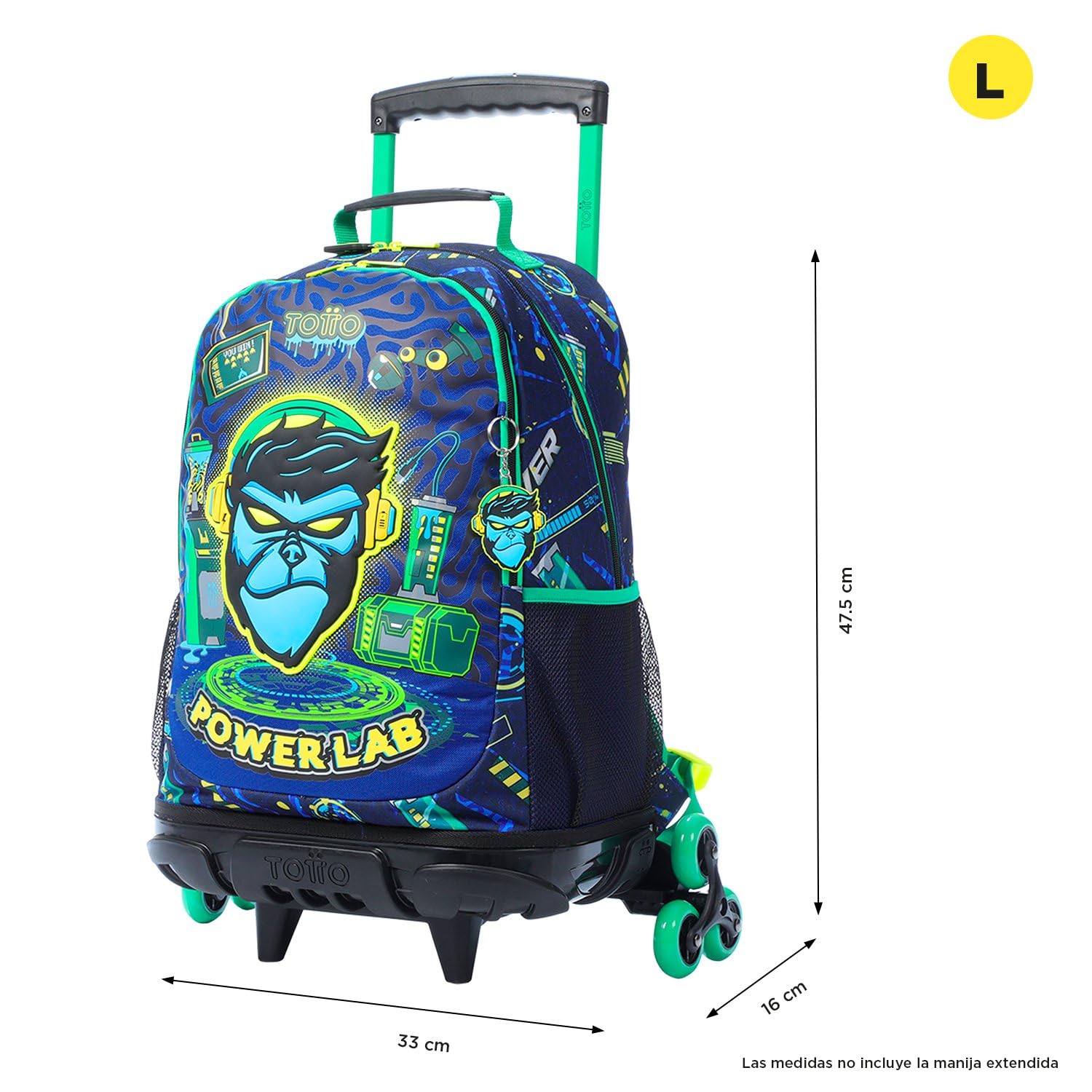 TOTTO - Mochila Escolar con Ruedas, Modelo Kong Lab L, Mochila Grande, Capacidad 25 L, 2 Compartimentos, 2 Bolsillos Botella, Protección en la Base, Sistema de 3 Ruedas, Correas Ajustables, Color Azul