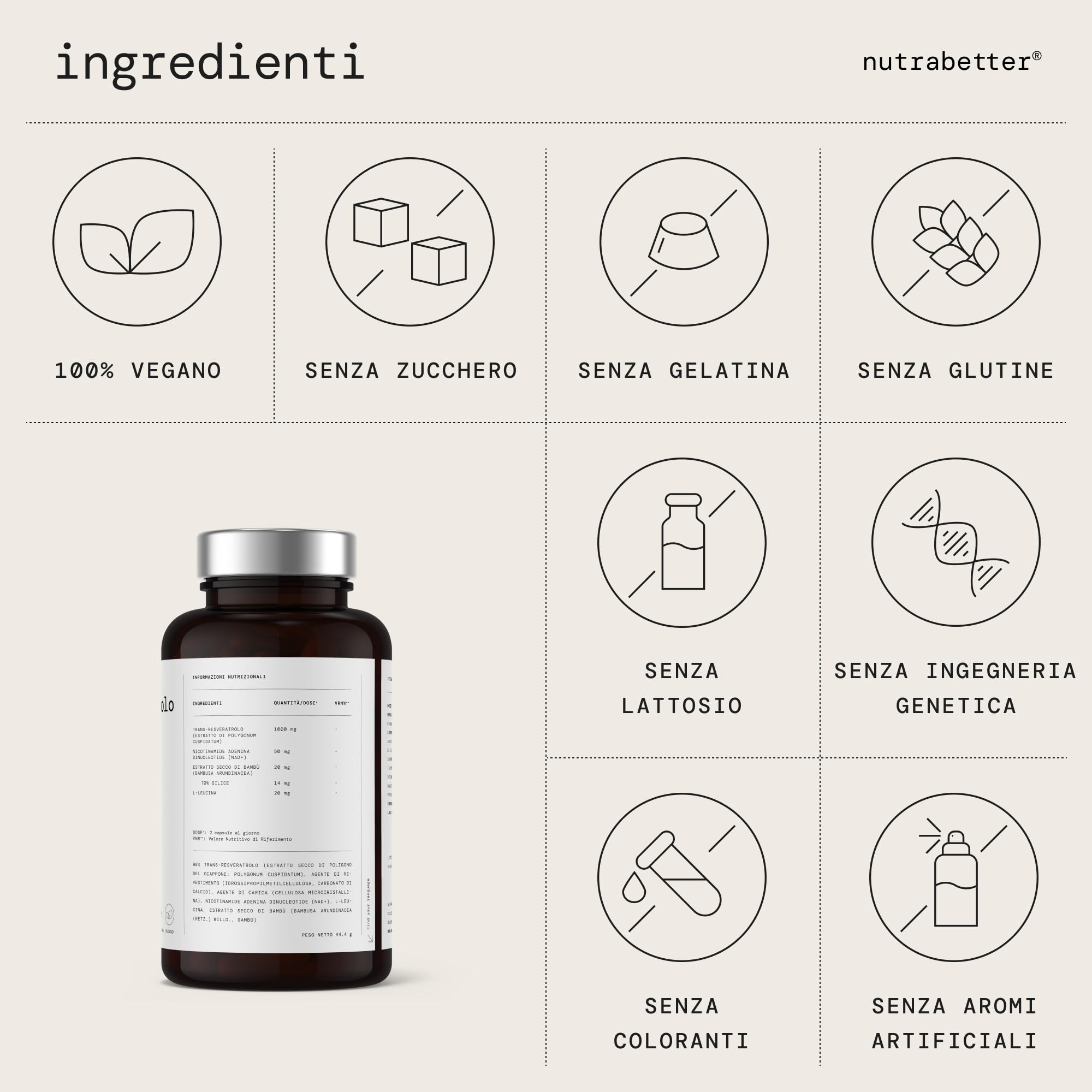 Trans Resveratrolo 1000 mg con NAD+ 50 mg | NAD Resveratrolo | Anti-invecchiamento, Vitalità Cellulare, Benessere Cognitivo, Attivatore delle Sirtuine | 60 Capsule Vegane | nutrabetter®