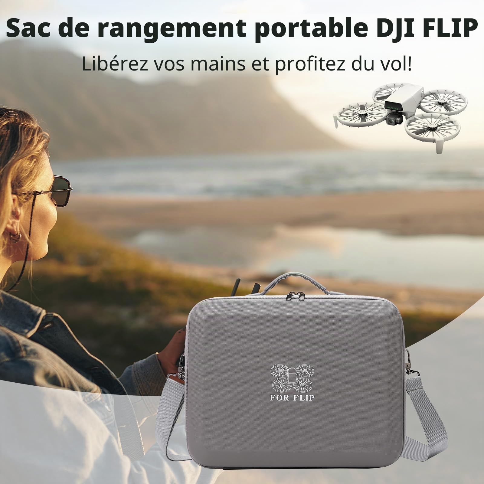 DJI Flip Fly More Combo Sac de Transport Case Étui de Protection pour DJI Flip RC-N3 et 7 Batteries Accessoires de Drone Sac de Voyage Portable PU avec Sangle de Transport, Gris