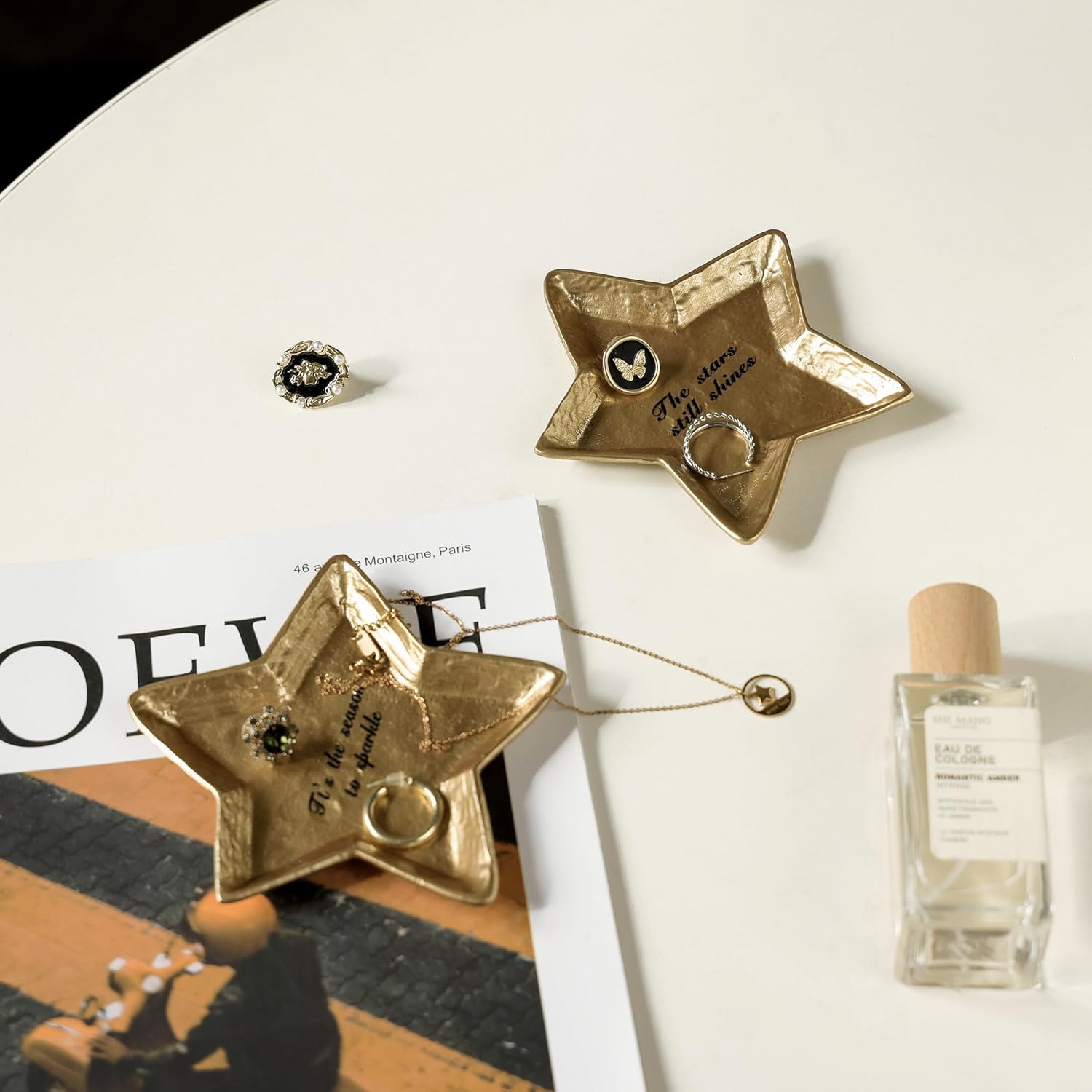 NIKKY HOME Gold Jewelry Tray 2PCS, Vintage Star Design Jewelry Dish, Decorative Metal Ring Holder for Bedroom, Vanity, Dresser, Countertop, Elegant Home Decor Accent