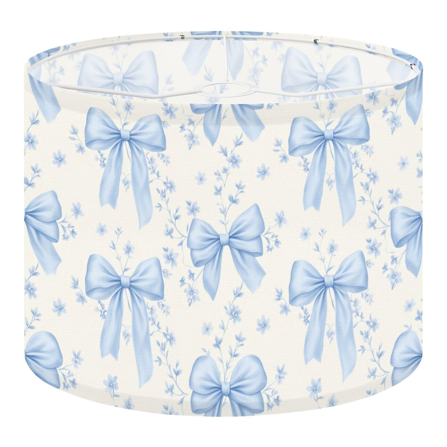 Fabric Round Drum Lamp Shade Blue Bow Floral Design Soft Cream Vintage Medium Linen Decorative Assembly Replacement Lampshades 13inch Set of 1 for Table Lamps, Floor Lamps,Ceiling Lamp