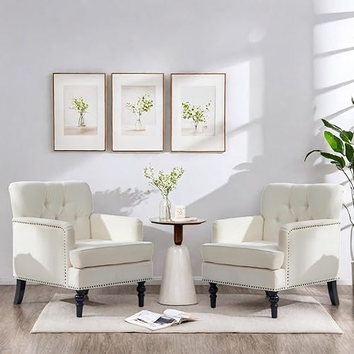 Miniatura 9 de Juego de 2 sillas de club copetudas, silla decorativa tapizada con botones con almohada lumbar, sillas de tela de lino para dormitorio, sala de