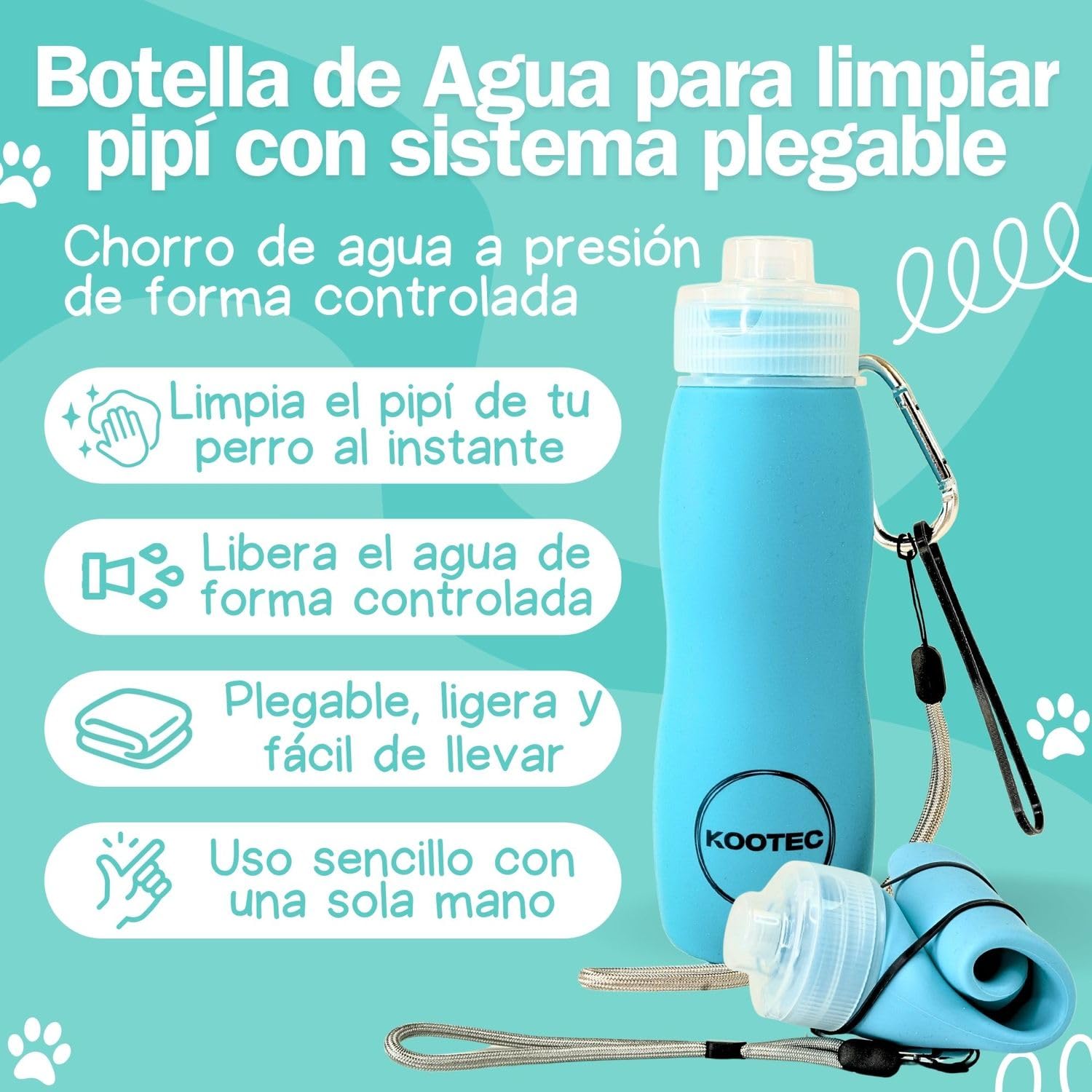 Botella Pipi Perros Silicona Plegable 400ml + Mosquetón + Goma Elástica + Cinta Ajustable 18cm | Botella Pipi Perros Calle con Chorro a Presión Controlable Antigoteo y Portátil (Verde Menta)