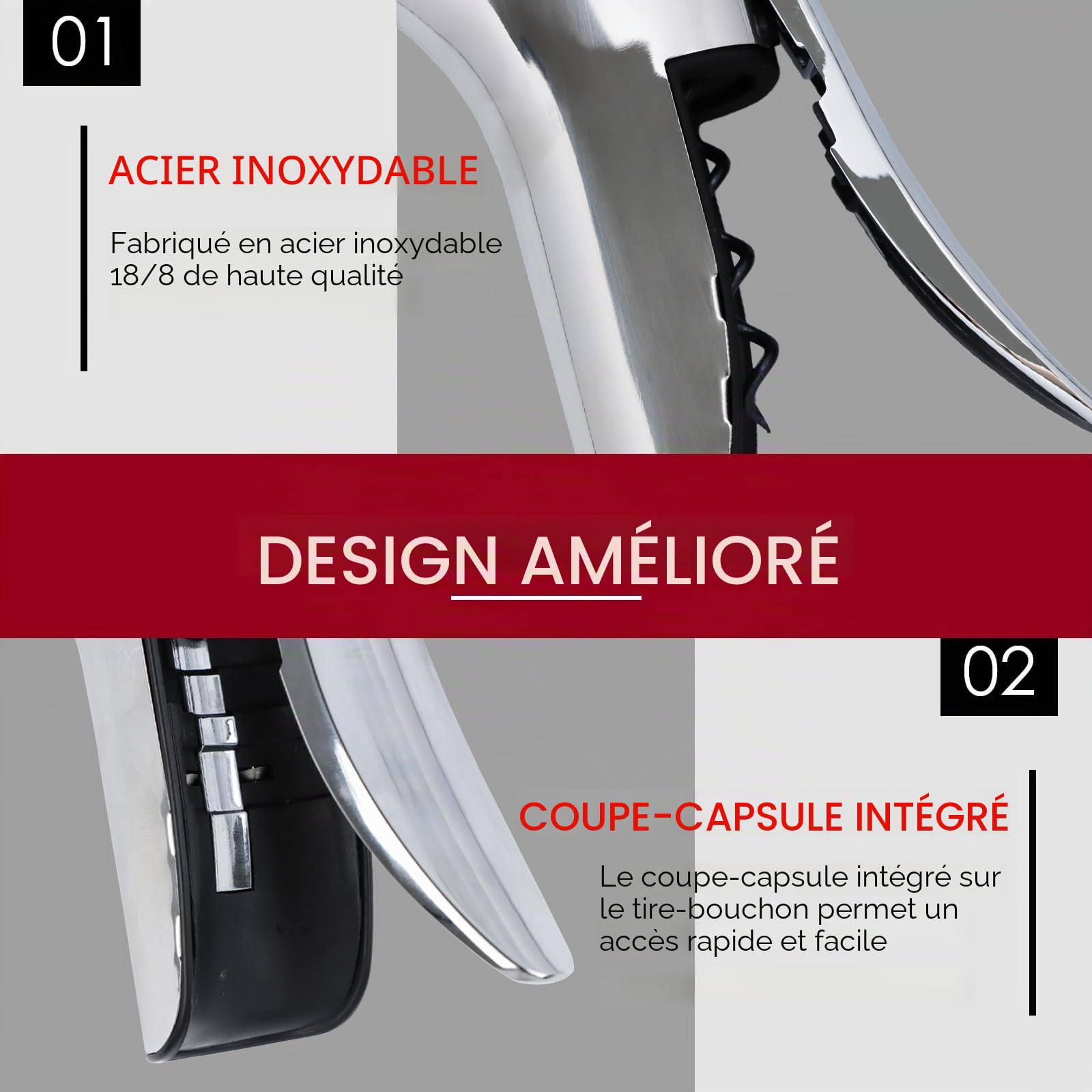KAYCROWN Tire-bouchon à levier vertical en acier inoxydable avec poignée en bois