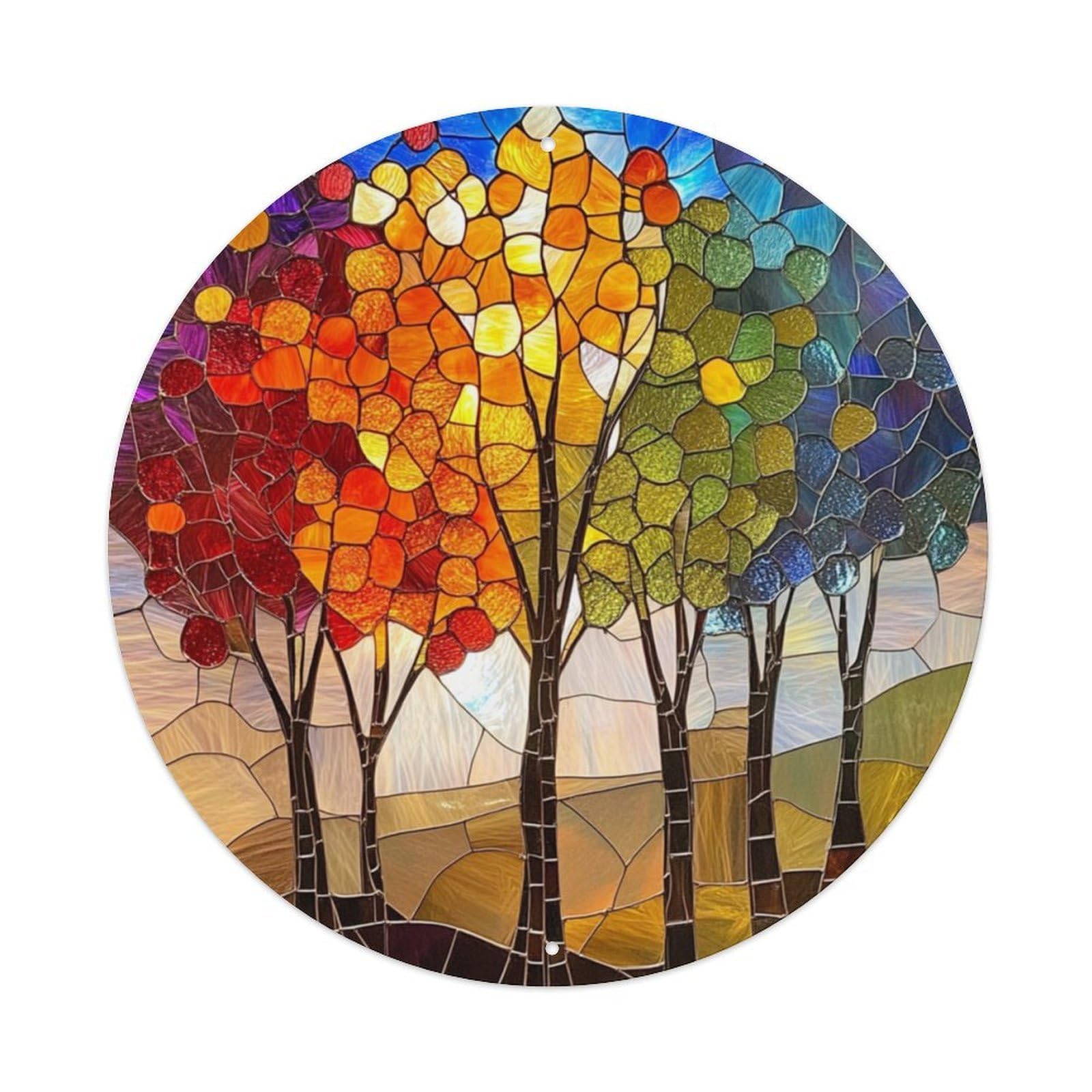 Four Seasons Trees Stained Glass Landscape Art Sign Vintage Aluminium Metal Sign, Retro Wall Decor for Home, Bar, Garage & Farmhouse 20x20cm