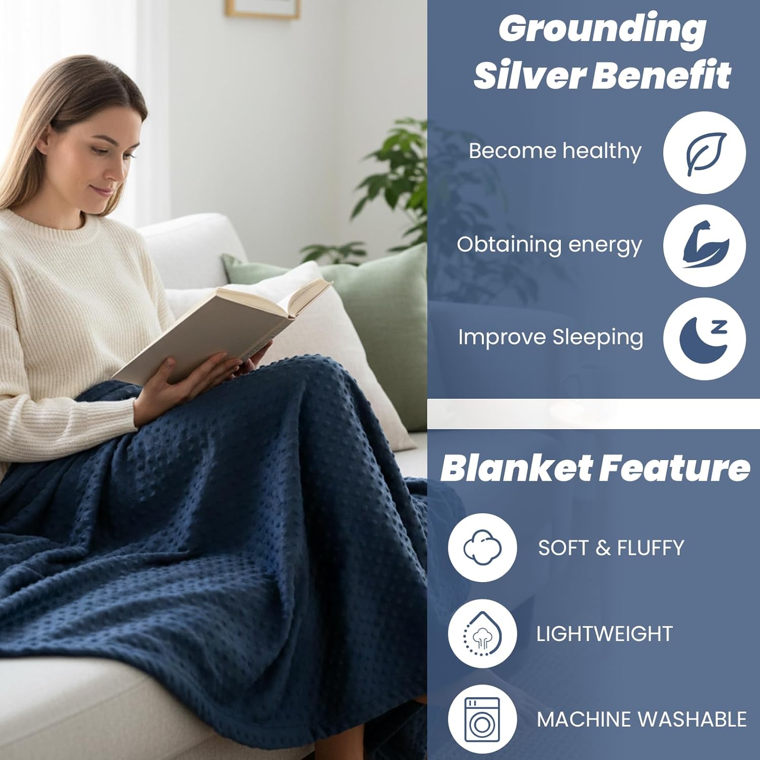 Grounding Throw for Pain Relief and Deeper Sleep,Earth Connect Bedding Sheet with Silver Fiber,Fluffy Throw Blanket Gifts for Women Men, Soft Fleece (Navy Blue, 60 * 80IN)