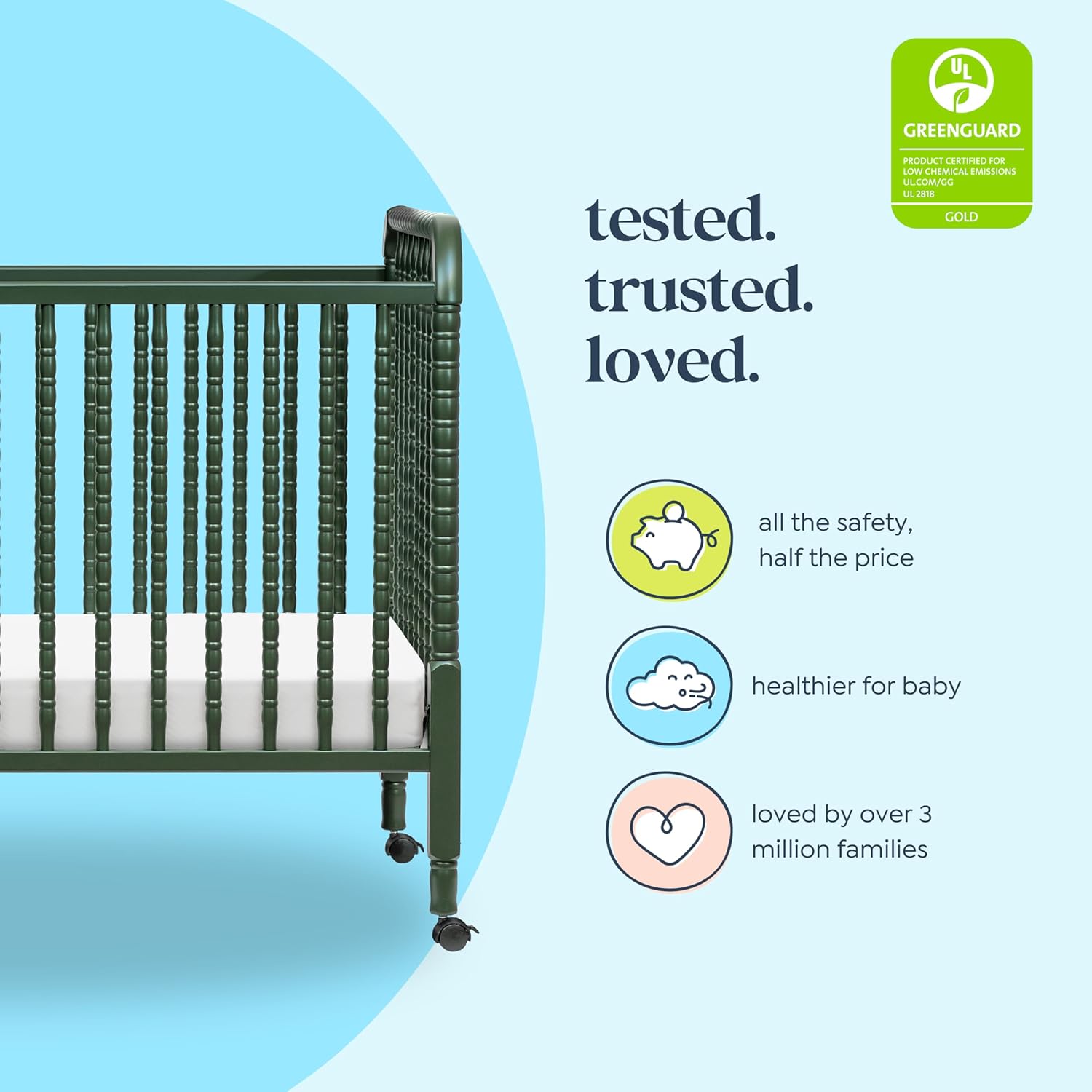Davinci Jenny Lind 3-in-1 Baby Crib Convertible to Toddler Bed, Daybed - Easy to Assemble - GREENGUARD Gold Certified - 4 Adjustable Mattress Heights, Conversion Kit Sold Separately - Forest Green