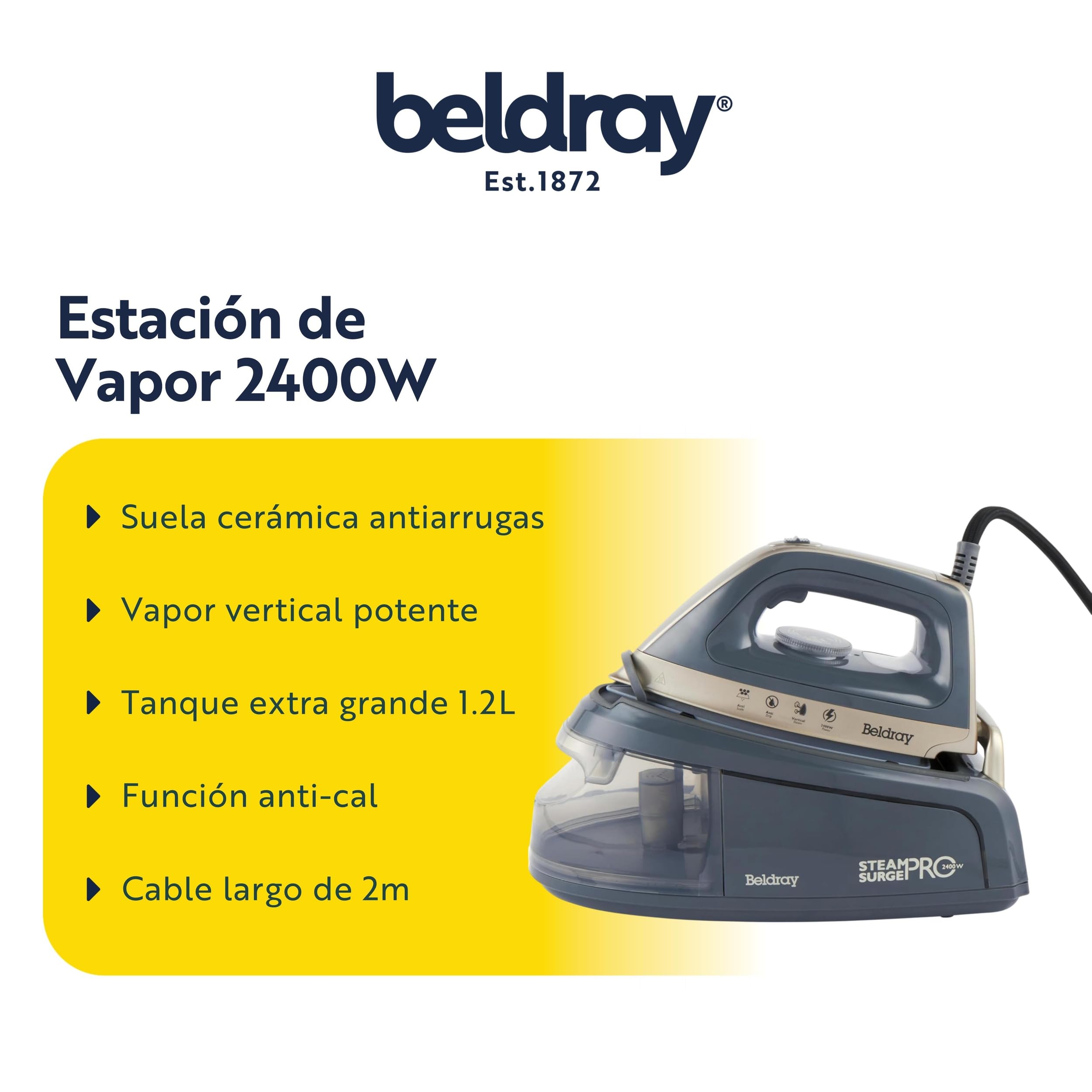 Beldray Plancha de Vapor Titanium Steam Surge Pro – Estación de Vapor con Tanque de Agua 1.2L, Plancha de Vapor con Suela Cerámica, Control de Temperatura Variable, Anti-Cal, 2400W