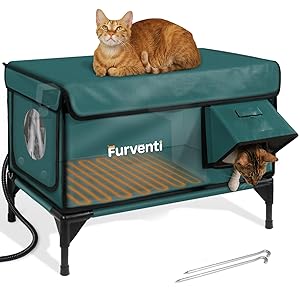 Outdoor Heated Cat House in Winter,Extremely Insulated & Weatherproof,Elevated Feral Cat Shelter with Waterproof Eaves & Escape Door for Outside Stray Barn Cat (Dark Green, L with Cam)