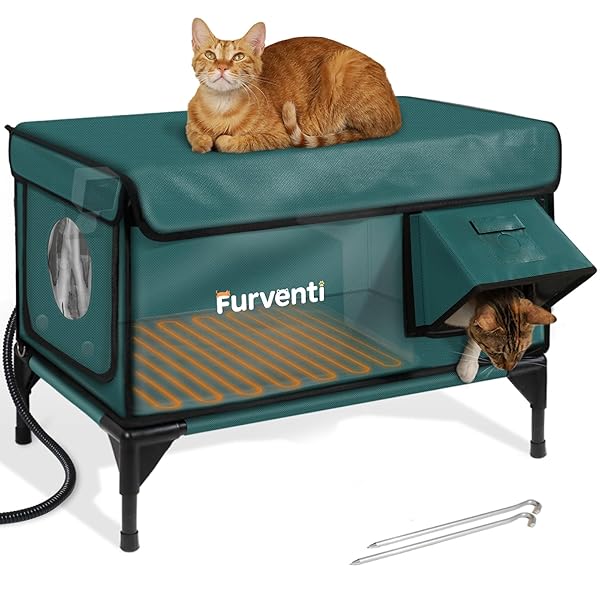 Outdoor Heated Cat House in Winter,Extremely Insulated & Weatherproof,Elevated Feral Cat Shelter with Waterproof Eaves & Escape Door for Outside Stray Barn Cat (Dark Green, L with Cam)