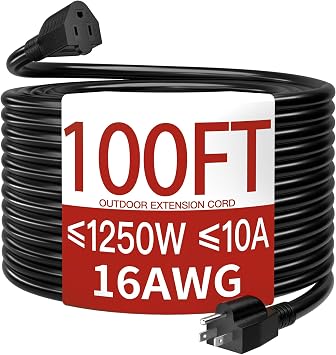 16/3 10A 125V 1250W 100 Ft Outdoor Extension Cord Waterproof, Weatherproof & Flame Retardant Black 3 Prong Power Cord Outside for Lawn & Garden, SJTW ETL Listed