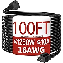 16/3 10A 125V 1250W 100 Ft Outdoor Extension Cord Waterproof, Weatherproof & Flame Retardant Black 3 Prong Power Cord Outside for Lawn & Garden, SJTW ETL Listed